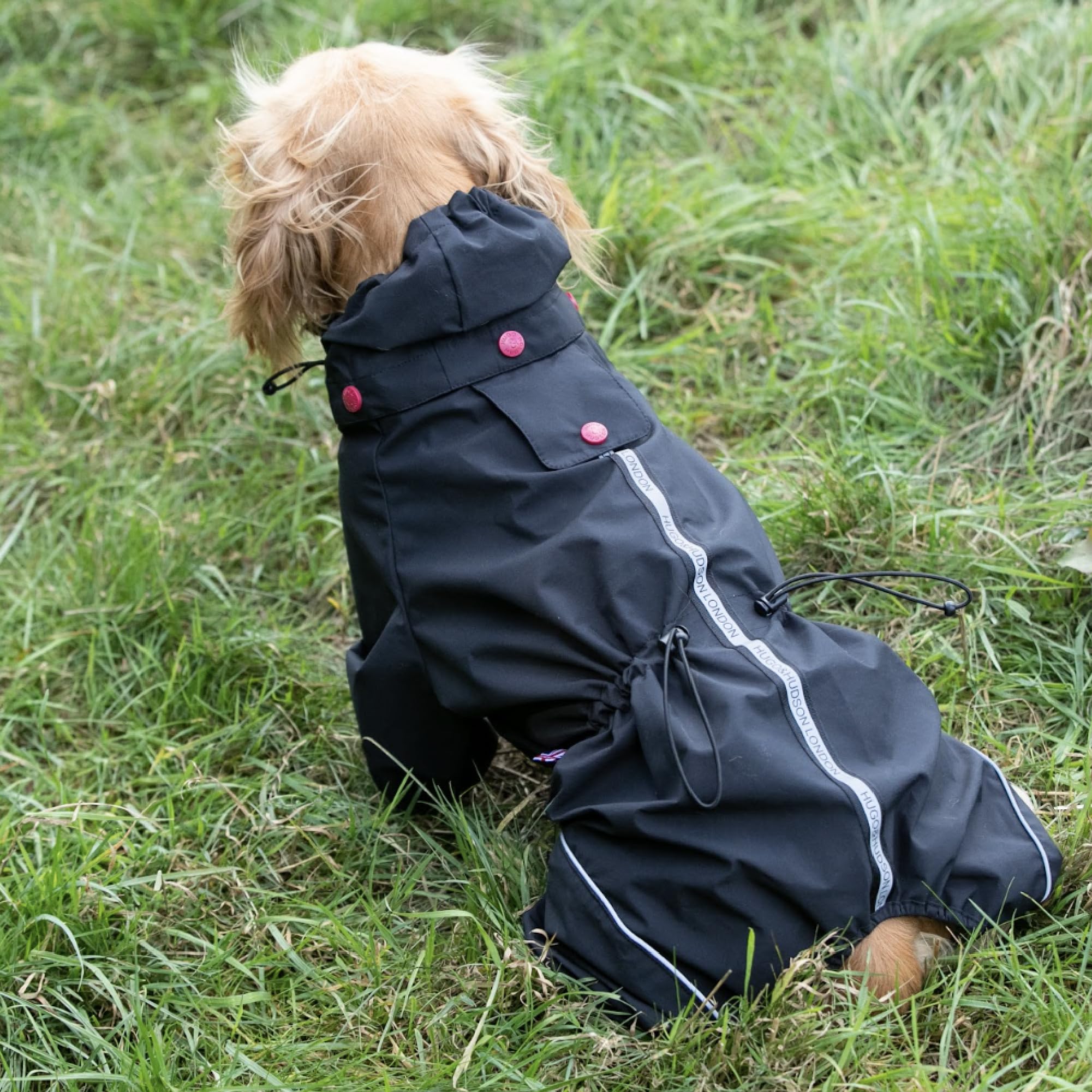 HUGO & HUDSON Reflektierende Jacke für Hunde, Kapuzenoverall, winddichter Wintermantel, Schwarz XS30