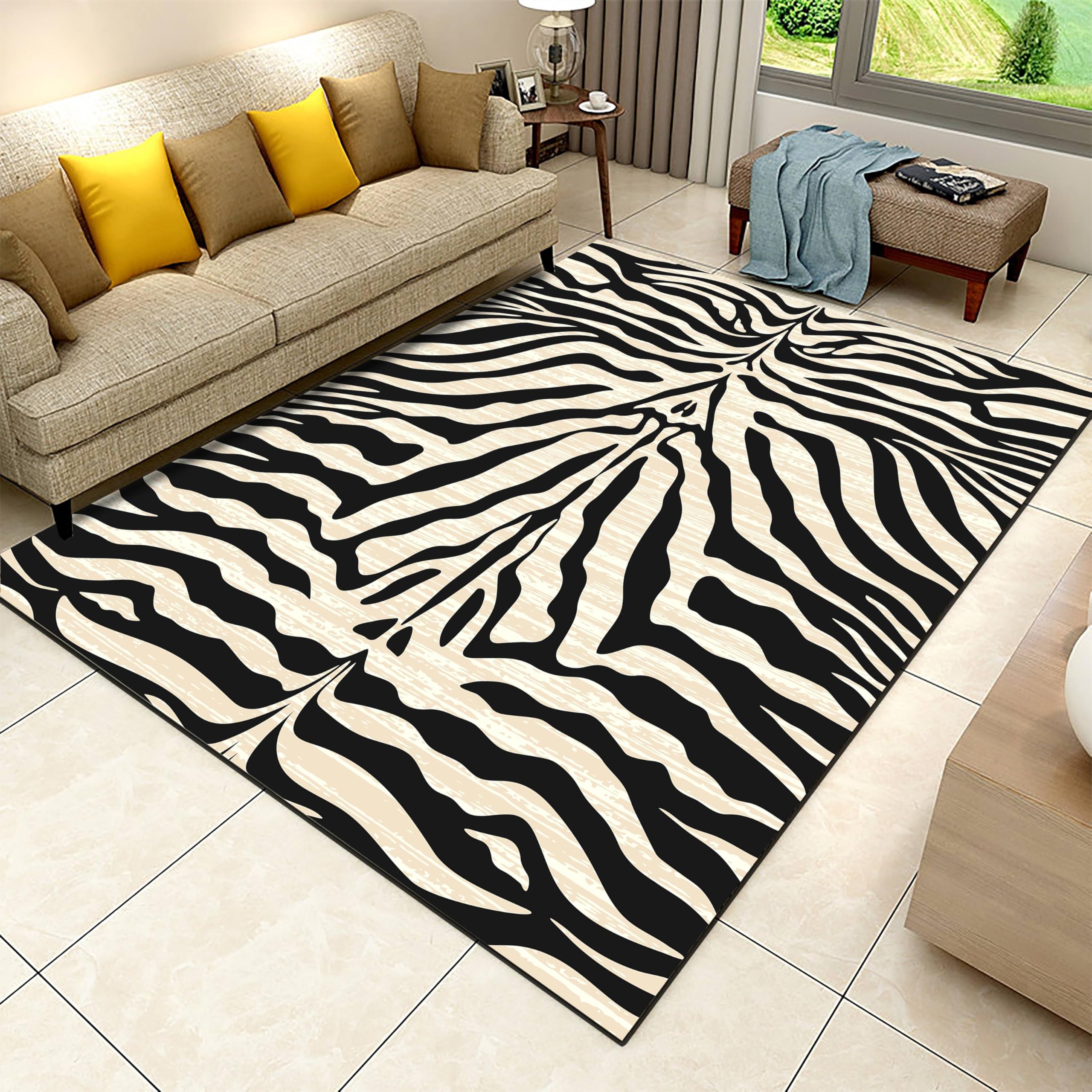 Zebra Print Area Rug for Bedroom, 4x6ft, Black Beige Animal Print Living Room Carpet, Faux Animal Fur Washable Printed Mat, Cozy Thin Low Pile Reduce