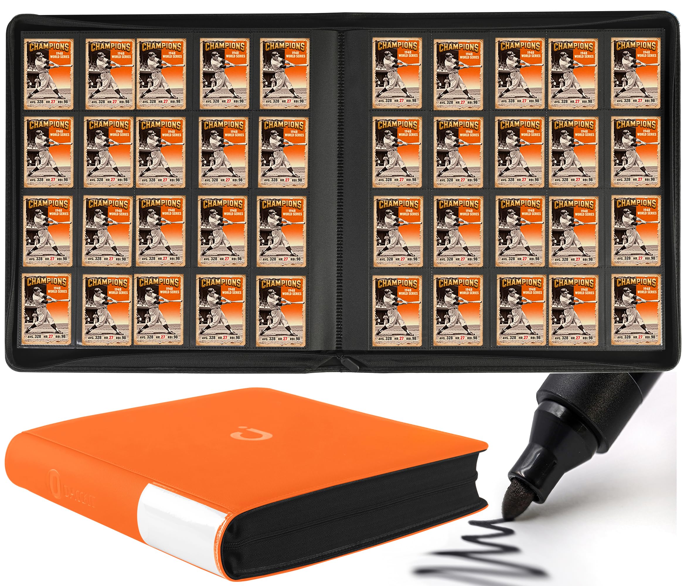 Premium 2000 Pocket Card Binder - 20 Pocket Trading Card Binder with Sleeves, Holds 2000 Cards, Ring Free Album for TCG - Model A, Bright Orange