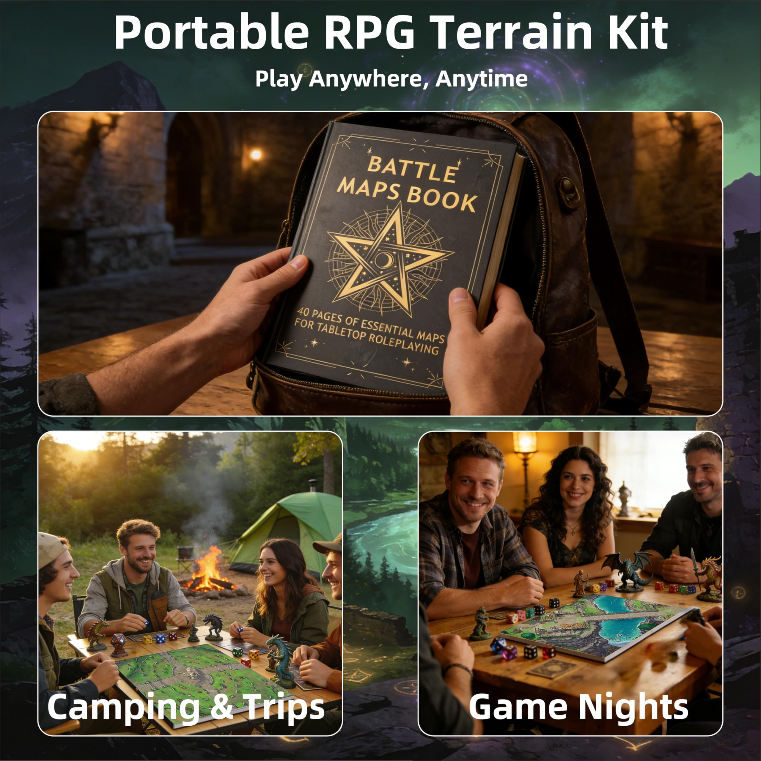 DND Battle Map Book – 39 tappetini riutilizzabili cancellabili a secco/bagnato con oltre 200 decalcomanie paesaggistiche, griglia da 2,5 cm e rilegatura piatta – Kit portatile RPG terreno per campagne
