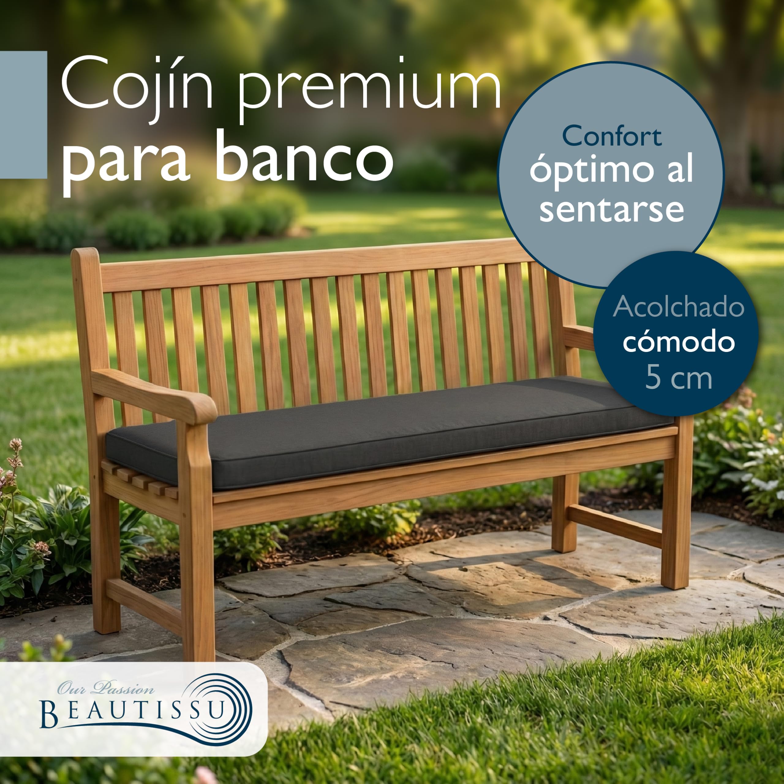 Beautissu cojín para Banco de Exterior 150x50 cm - Cojín de Asiento Resistente a la Intemperie para Banco de jardín - Cojín Blando para Banco con Funda extraíble Lavable - Antracita - Calme BK