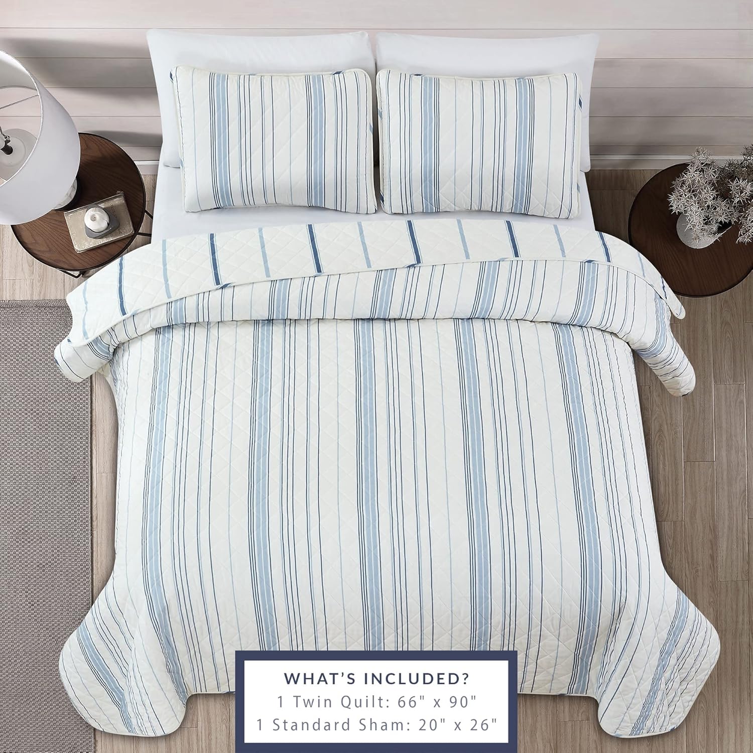 Market & Place 2 Piece Reversible Quilt Set with Sham | All-Season Soft & Lightweight Bedspread with Modern Striped Pattern | Sofia Collection (Twin, Ivory/Blue) - Image 3