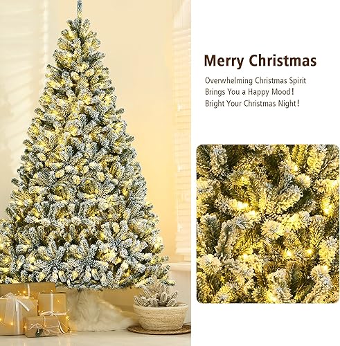 Miniatura 4 de DORTALA Árbol de Navidad preiluminado, árbol de Navidad artificial flocado de nieve de 8 pies con 1502 puntas de rama, 650 luces LED, soporte de