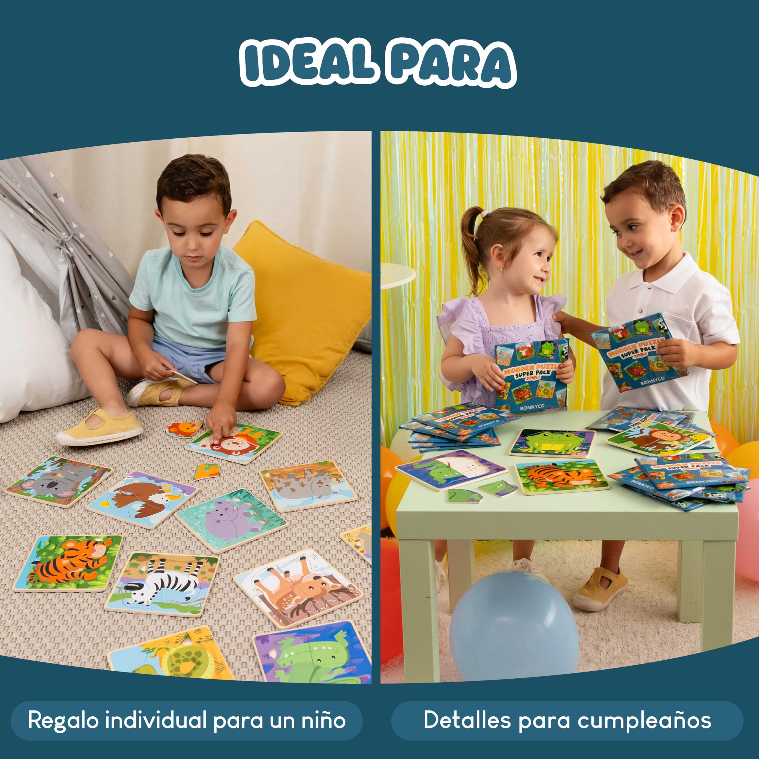 BONNYCO Pack 16 Puzzle Madera de 4 Piezas para Regalos Cumpleaños Niños Colegio 1 a 5 Años. Ideas Detalles Invitados, Juguetes Infantiles y Juegos Rompecabezas para Bebés Guardería