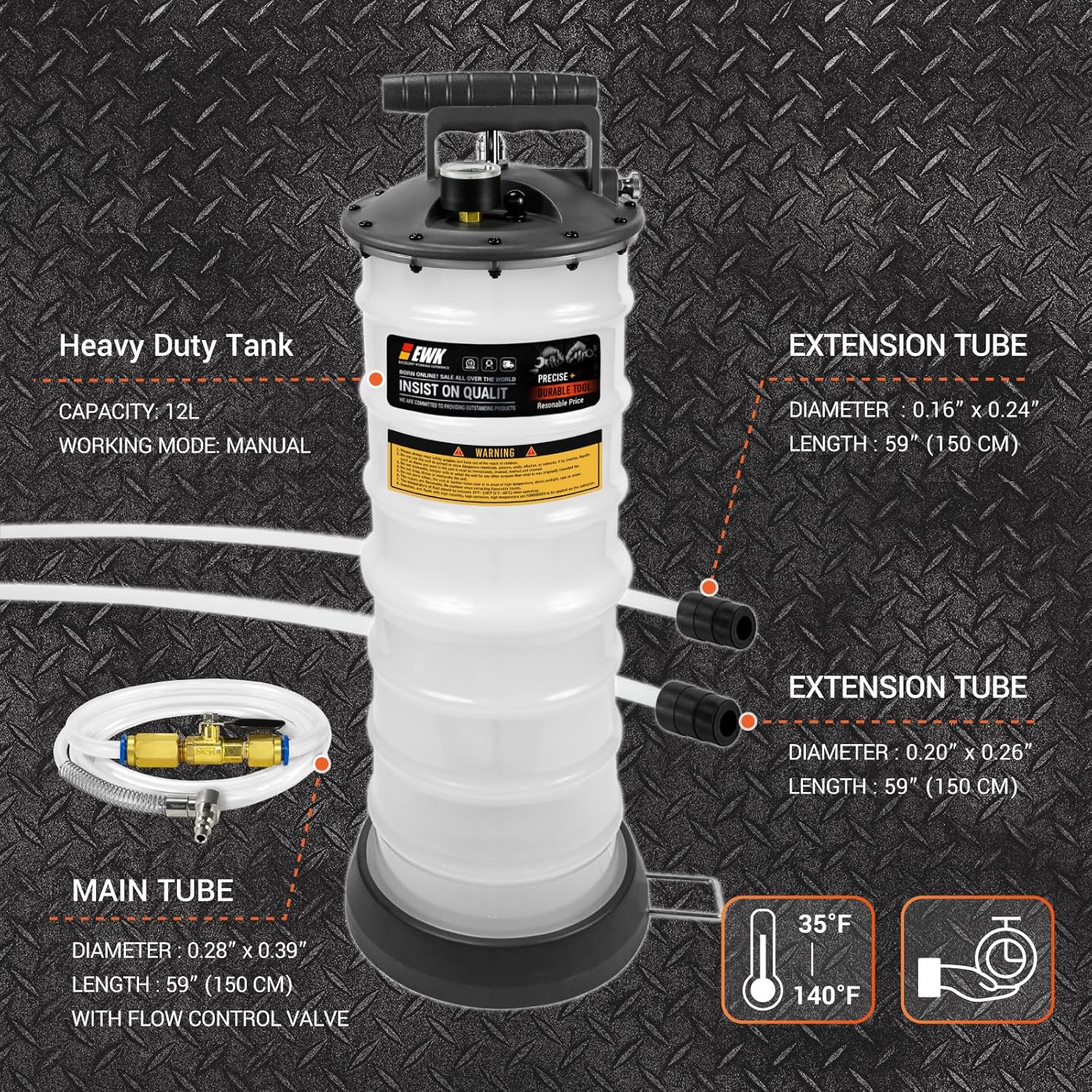 EWK 12L Heavy Duty Manual Oil Extractor/Dispenser Pump, Fluid Vacuum Evacuator with Reinforced Tank for Automotive Oil Change 12L (With Reinforced Tank)