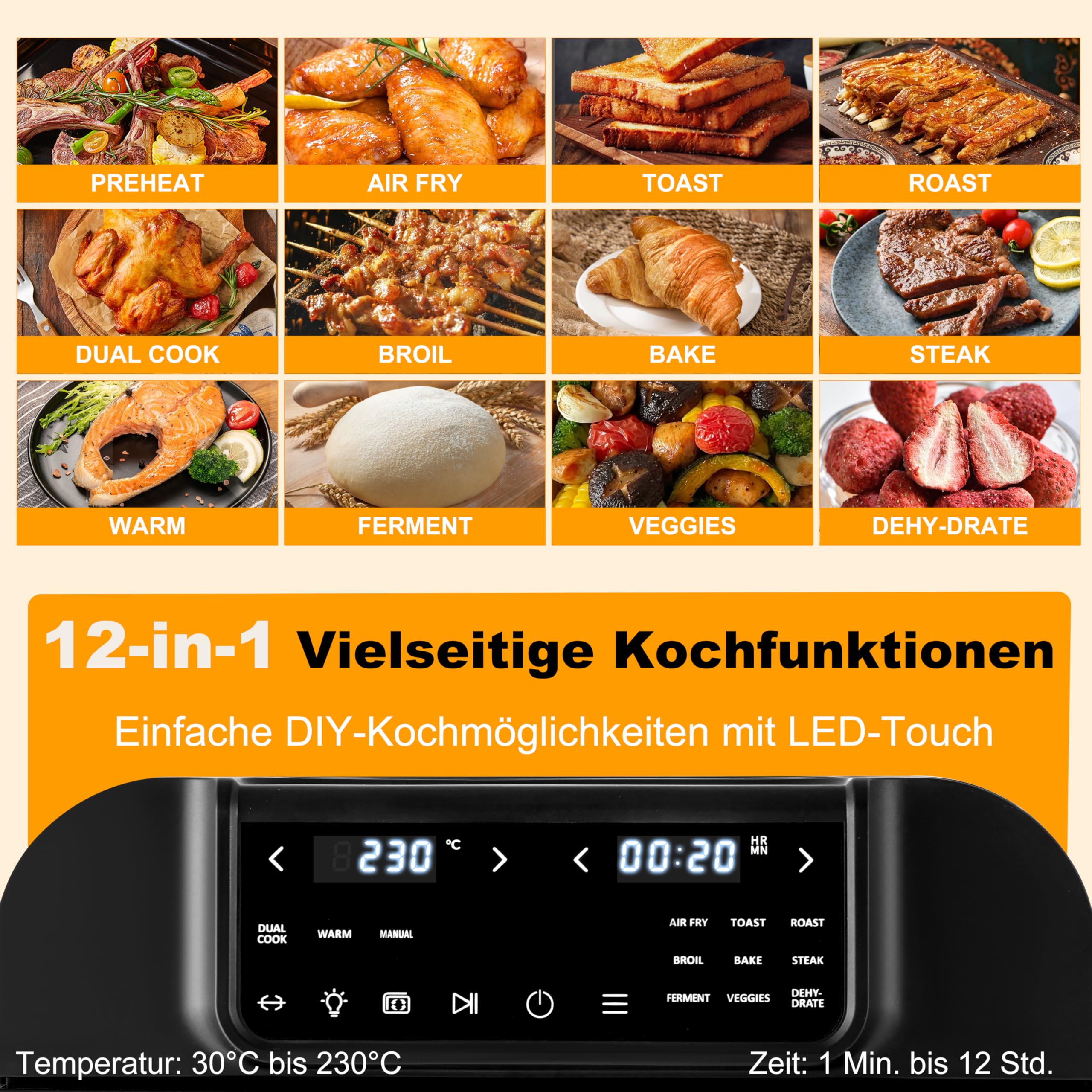 16L Heißluftfritteuse XXL mit Rotisserie Große Kapazität Bis zu 230°C 9 smarte Kochfunktionen Air Fry Roast Grill Bake Dehydrate & Mehr Einfache Digitale Steuerung Tischofen
