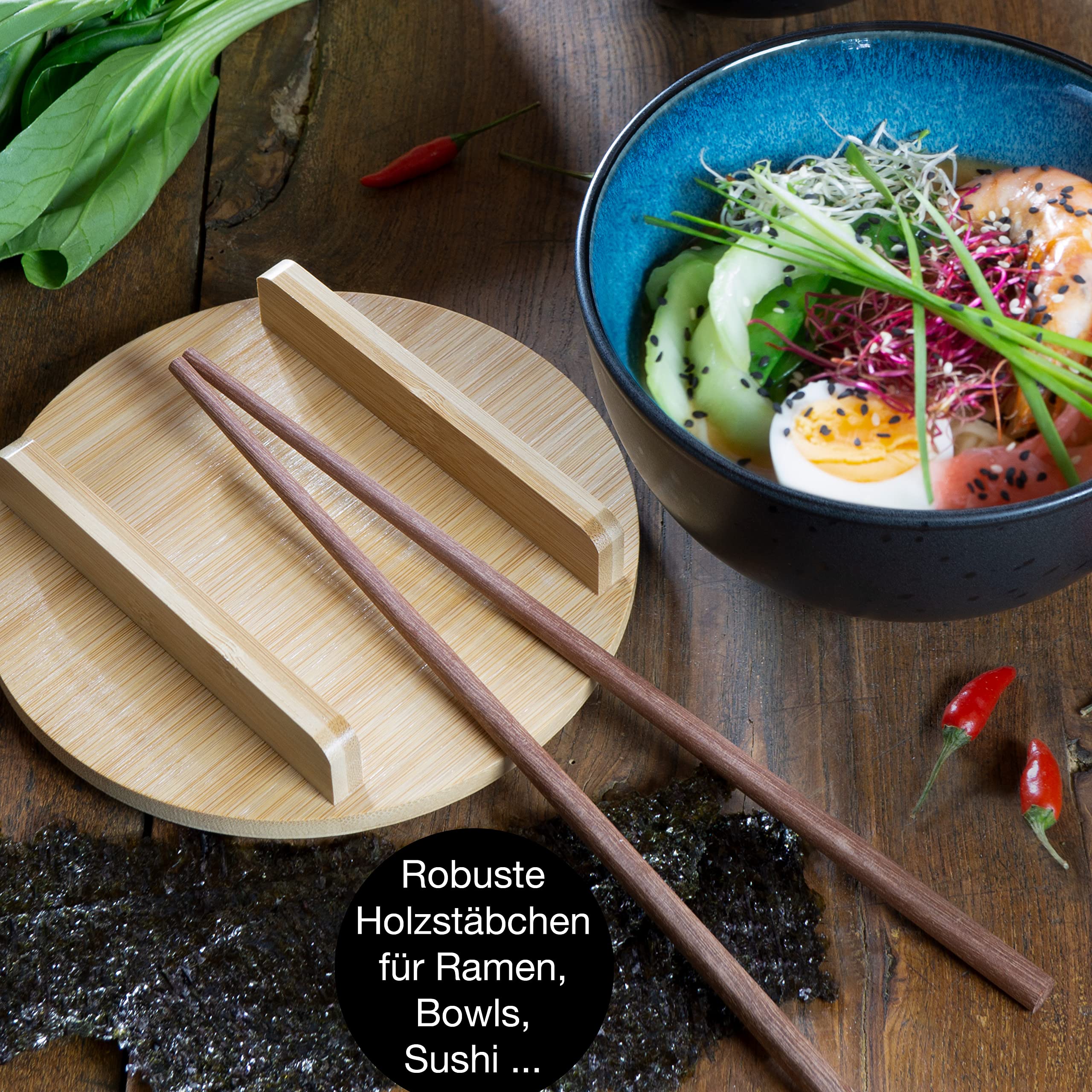 Moritz & Moritz 4x SOLID Ramen Schüssel Keramik - 600 ml - 15 cm Ø - Schwarz blaues Ramen Bowl Set für 4 Personen - Für Suppe, Pho und Sushi Bowl - Inkl. Stäbchen, Deckel und Löffel