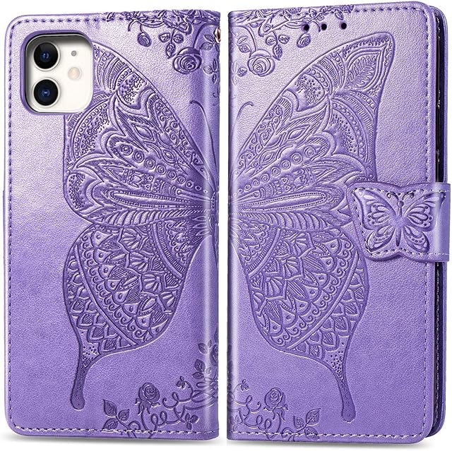 ZTOFERA Flip Case for iPhone 11, Butterfly Embossment Pattern Wallet Case with[Magnetic Closure][Card Slots][Kickstand][Wrist Strap], Slim Cover for iPhone 11 6.1"- Purple