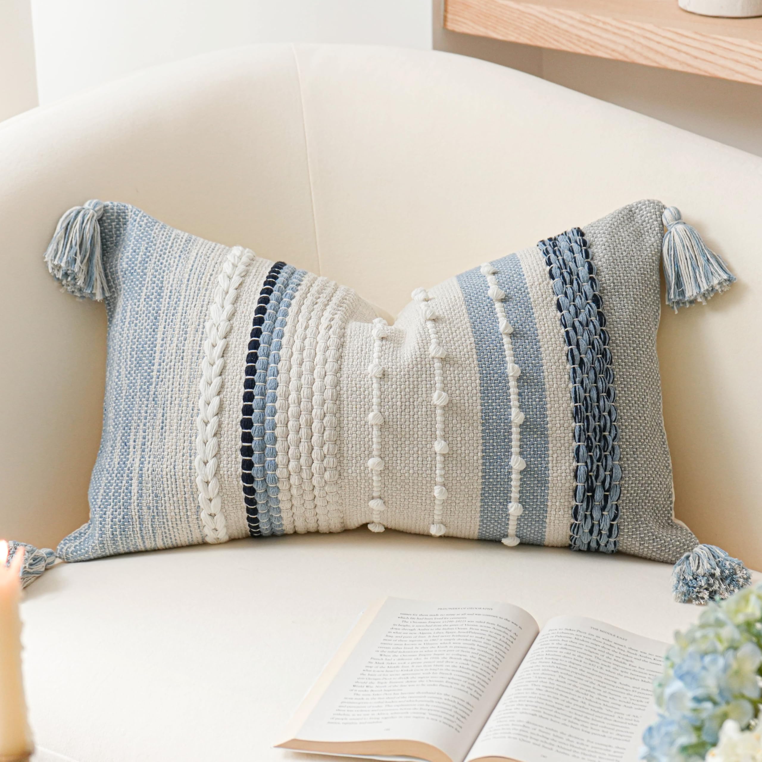 BlissBlush Decorative Lumbar Throw Pillow Cover 12x20 Coastal Blue Accent Cushion for Couch Sofa Farmhouse Pillowcase for Bedroom Living Room Home Décor Cover ONLY
