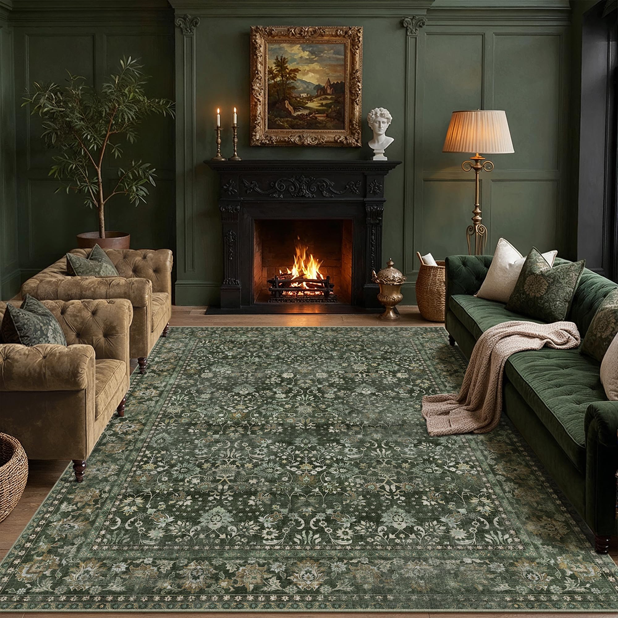 PureCozy Living Room Rug, 200x300 cm Washable Area Rugs for Bedroom, Non Slip Vintage for Kitchen Bedroom Dining Room Home Office, Soft Low Pile Carpet for Indoor Home Decor, Dark Green