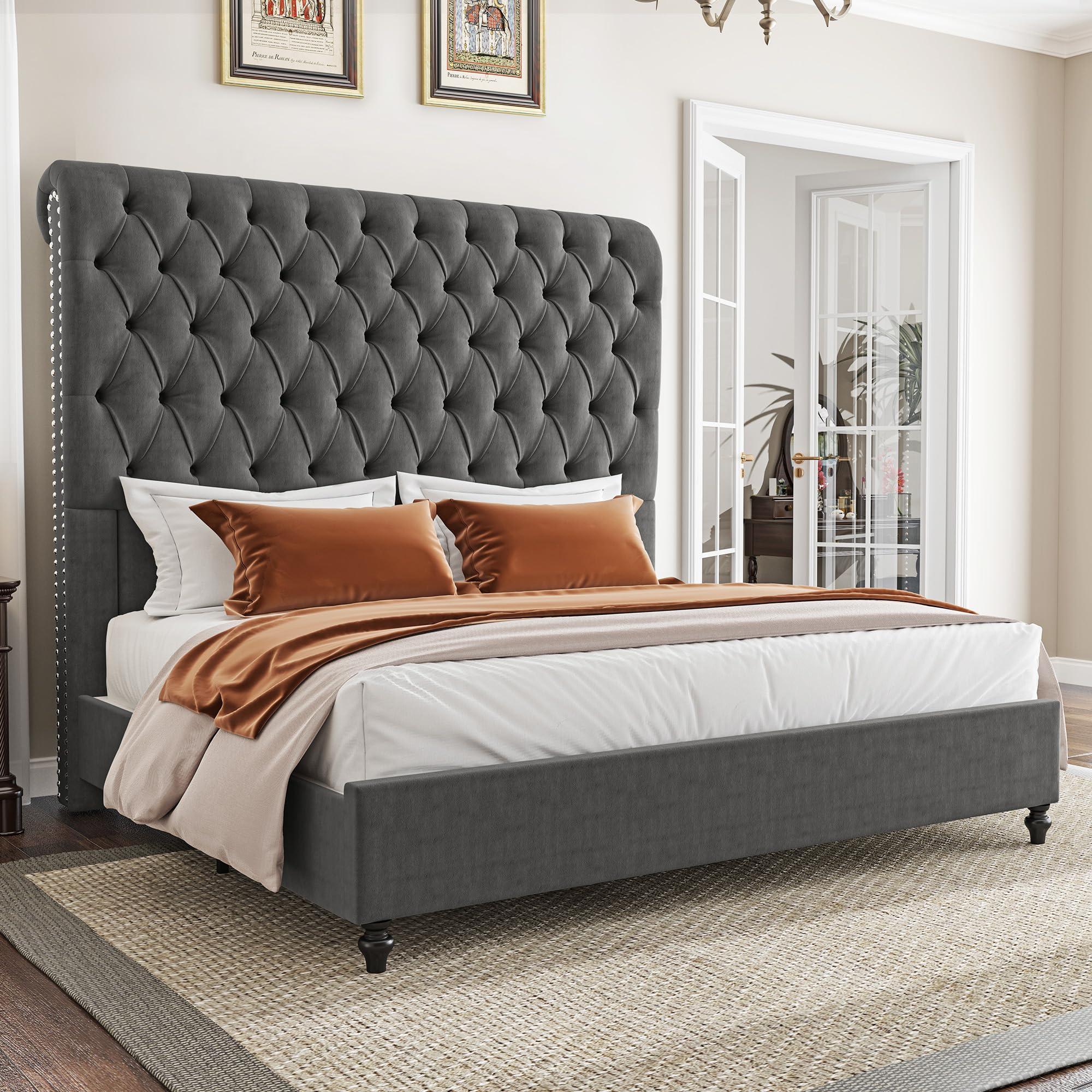 AMERLIFE Queen Size Bed Frame and Headboard with 59" Tall Sleigh Design, Luxury Velvet Upholstered Queen Bed Frame with Handcrafted Deep-Tufted and