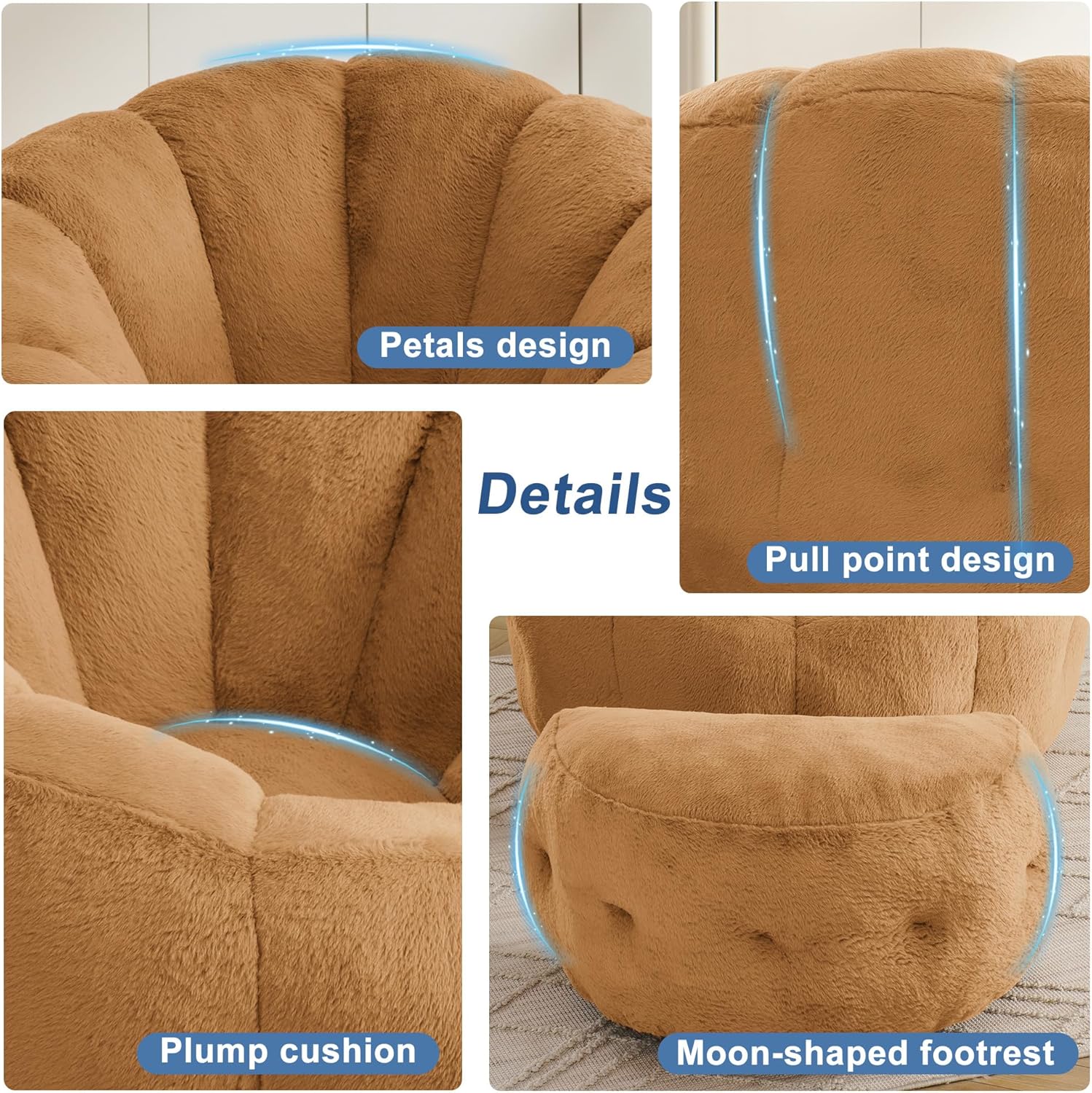 Mofolit Bean Bag Chair with Ottoman for Adults,Large Flower Beanbag Chair with Artificial Rabbit Fur Fabric,Comfy Single Sofa for Girls Living Room,Reading Room and Apartment. (Brown)