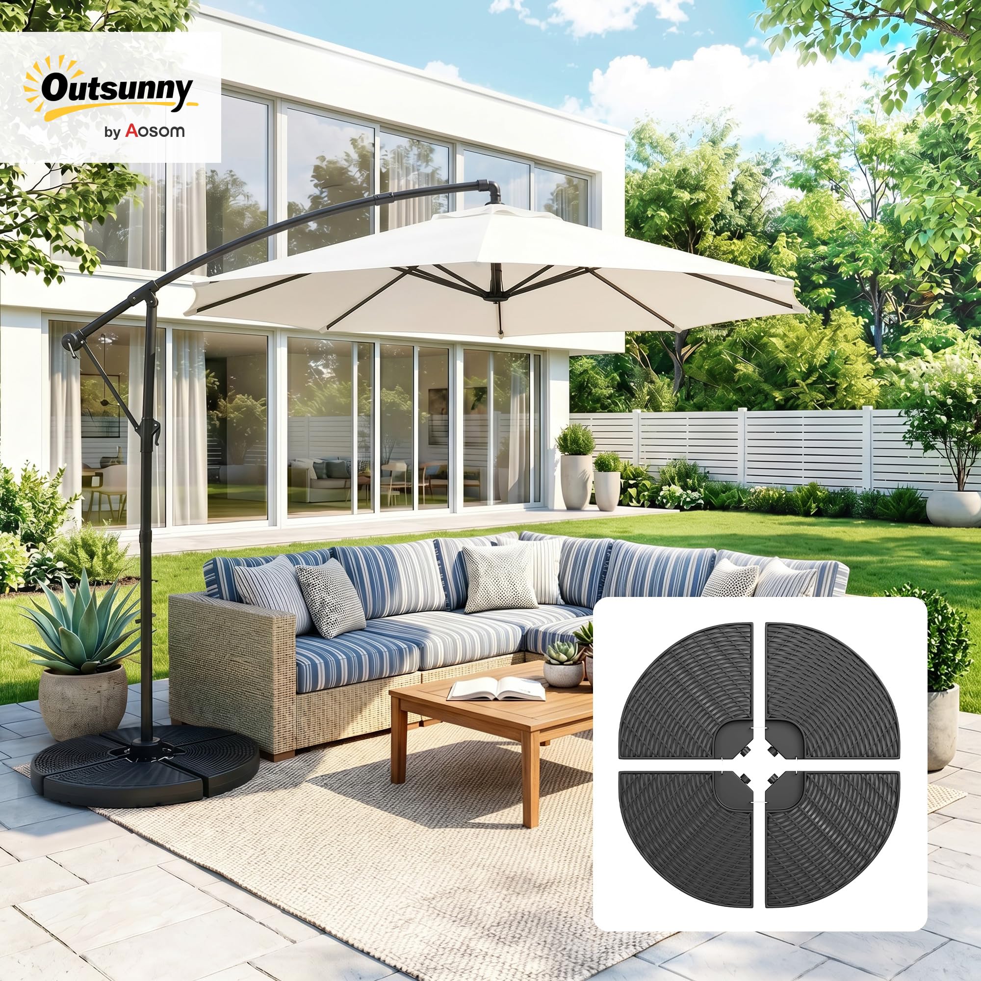 Outsunny Base per Ombrellone a Braccio da 4 Pezzi in HDPE Riempibili con Acqua e Sabbia, Ø100x8 cm, Nero