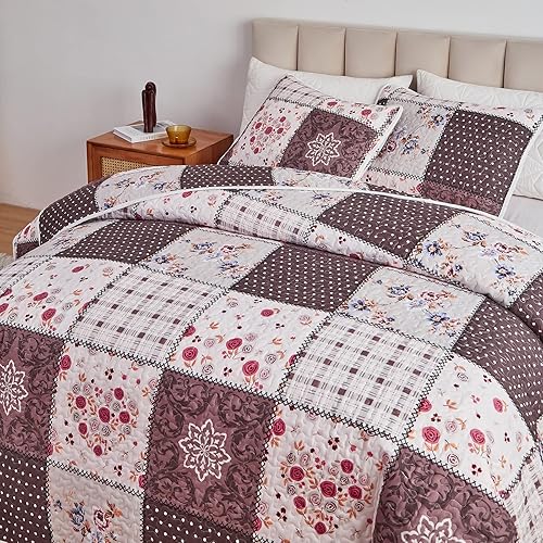 Miniatura 4 de Juego de edredón de retazos tamaño King, juego de colcha de verano de 3 piezas a cuadros florales marrones, funda de cama reversible ligera de