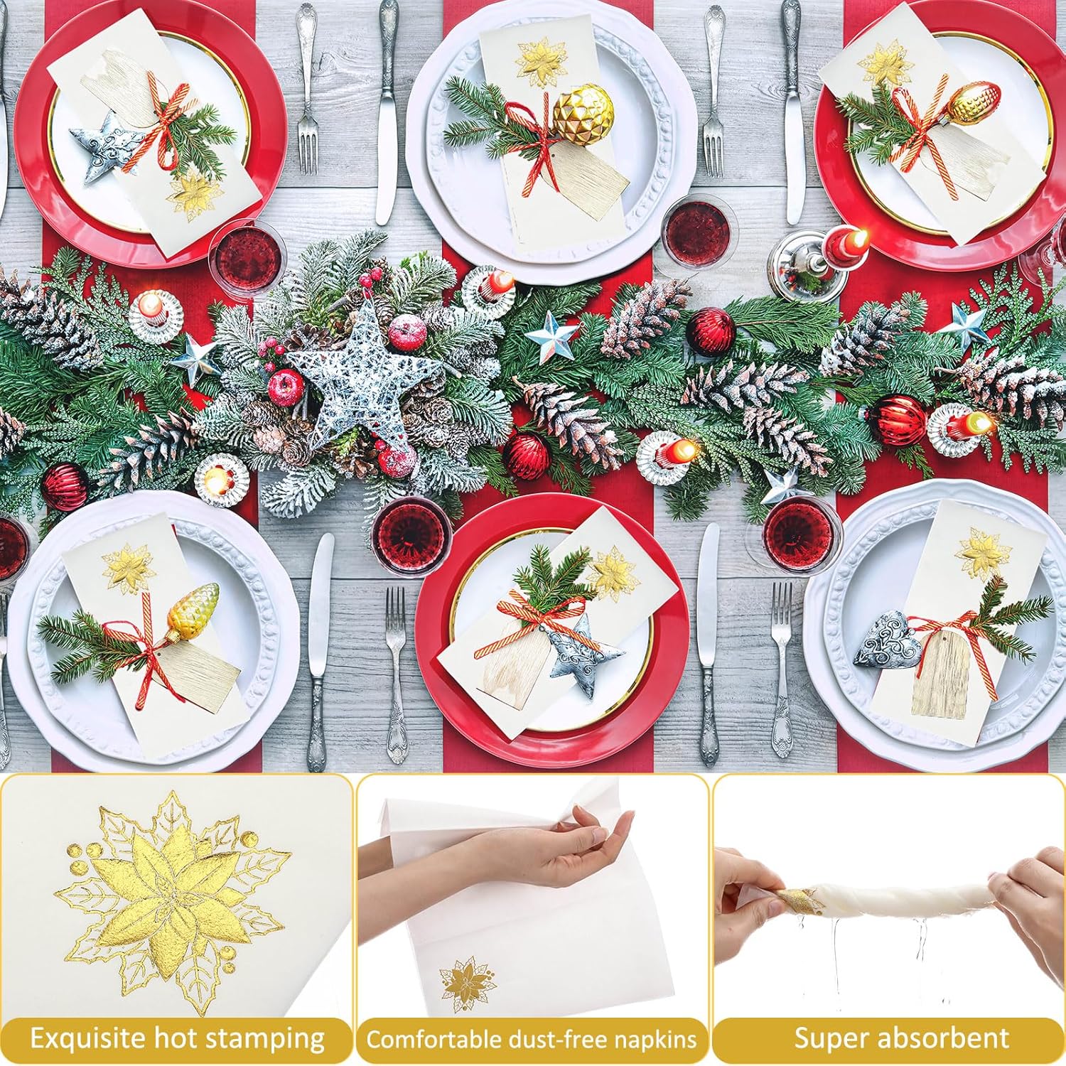 Janlaugh 100 Pcs Christmas Poinsettia Disposable Linen Guest Napkins Foil Stamped Xmas Paper Napkins Christmas Paper Hand Towels for Lunch Dinner Kitchen Bathroom Xmas Holiday Party