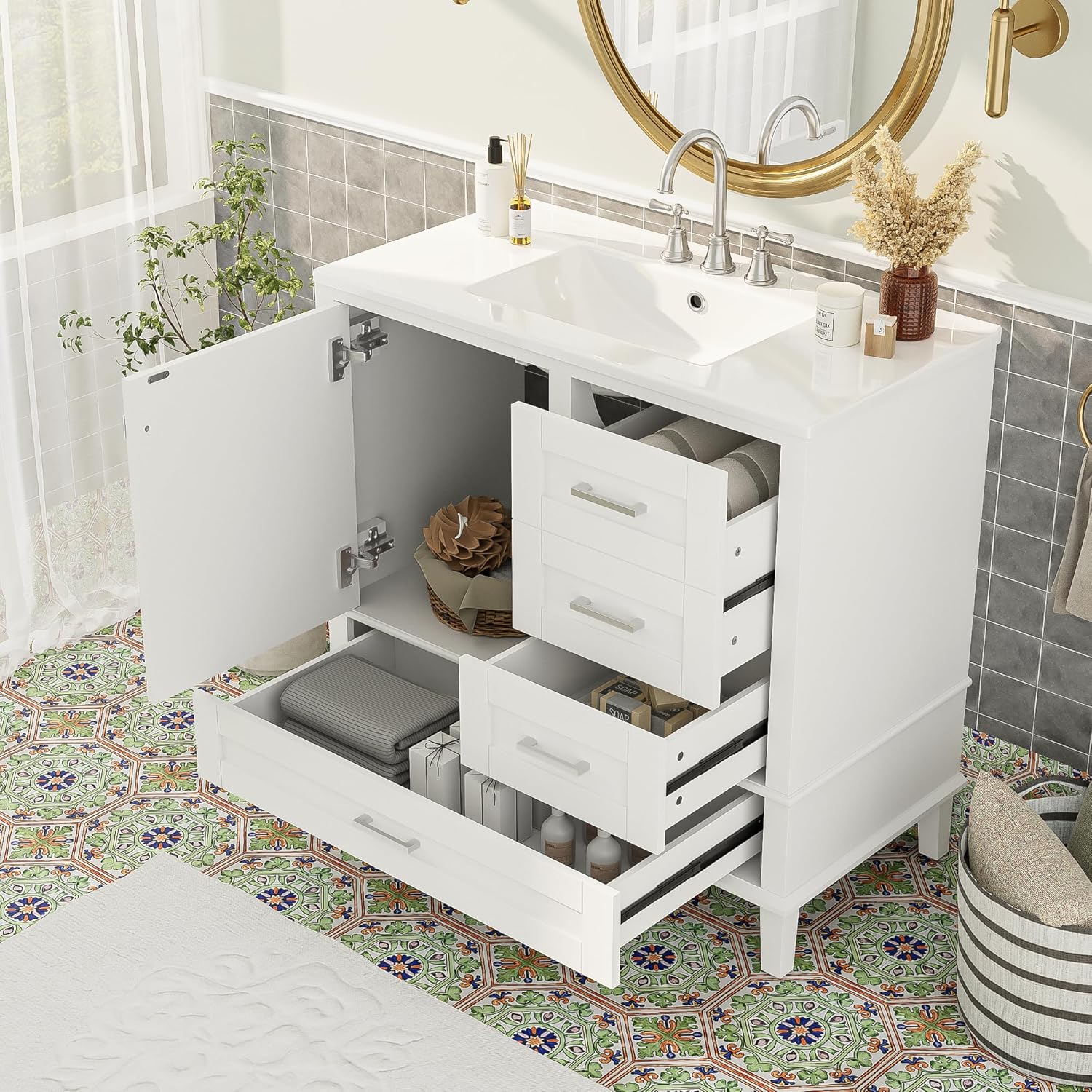 Bellemave 36” Bathroom Vanity with Ceramic Sink, Multi-Functional Bathroom Basin Vanity, Storage Cabinet with Basin for Bathroom with a Soft Closing Door and 3 Drawers, No Mirror, White