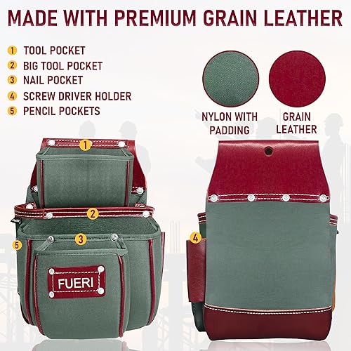 Miniatura 7 de FUERI Cinturón de herramientas de cuero y nailon de alta calidad para hombres  Juego de bolsa de herramientas de utilidad resistente diseñado para