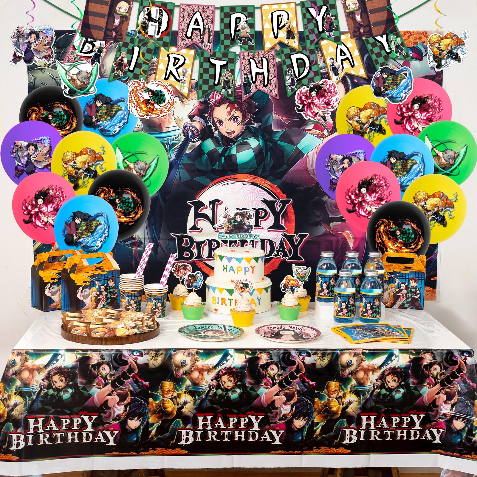 Birthday Party Supplies,197pcs Game Theme Style Party Decorations Include Happy Birthday Banner,Backdrop,Tableware set,Tablecover,Cake Toppers,Cupcake Toppers,Latex Balloons Set,Bottle Labels,Chocolate Stickers,Napkins,Straw,Cups,Spiral hanging decoration