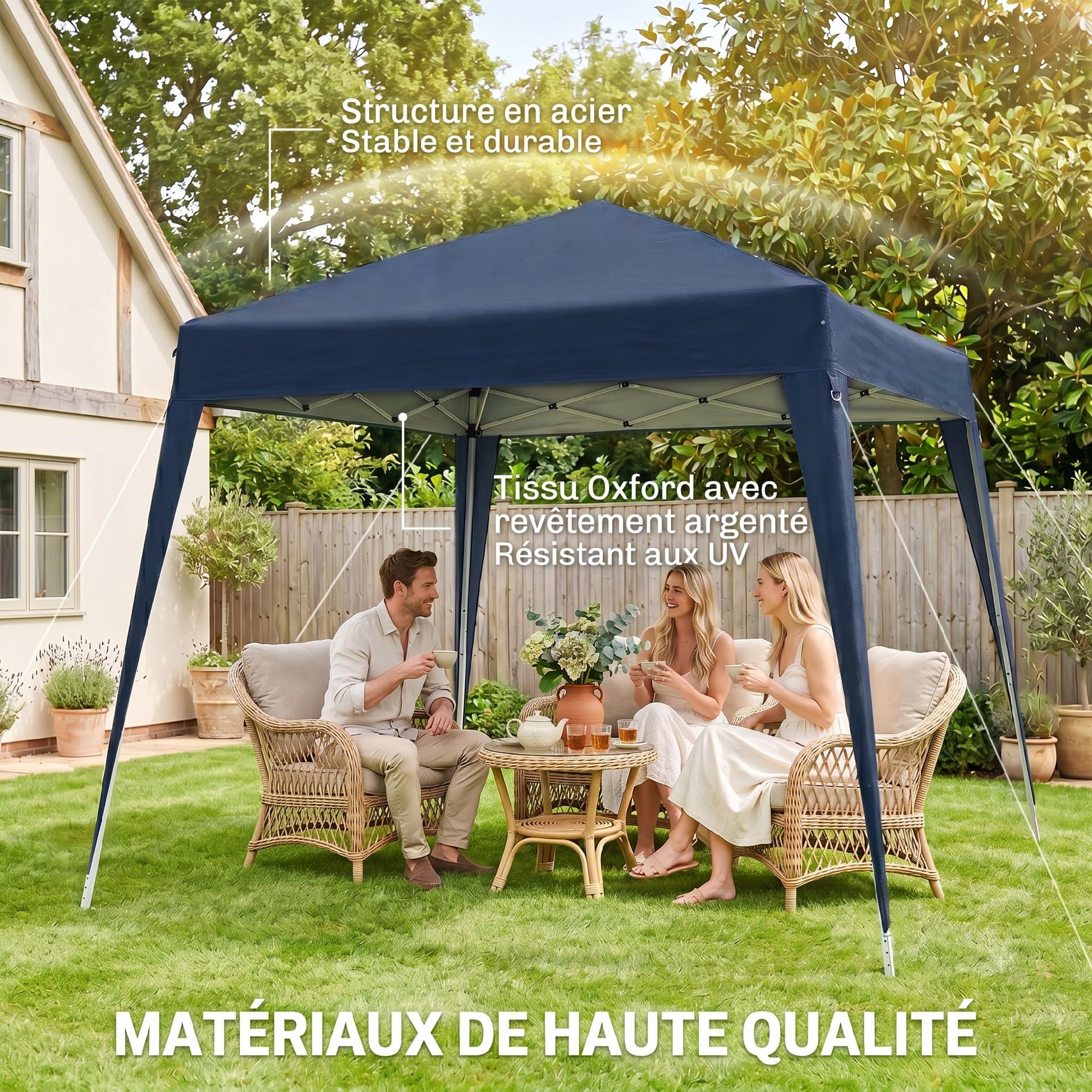 Outsunny Tonnelle de Jardin 3x3m Pop up Tente Pliable Acier Polyester imperméabilisé Anti UV avec Sac de Transport Bleu