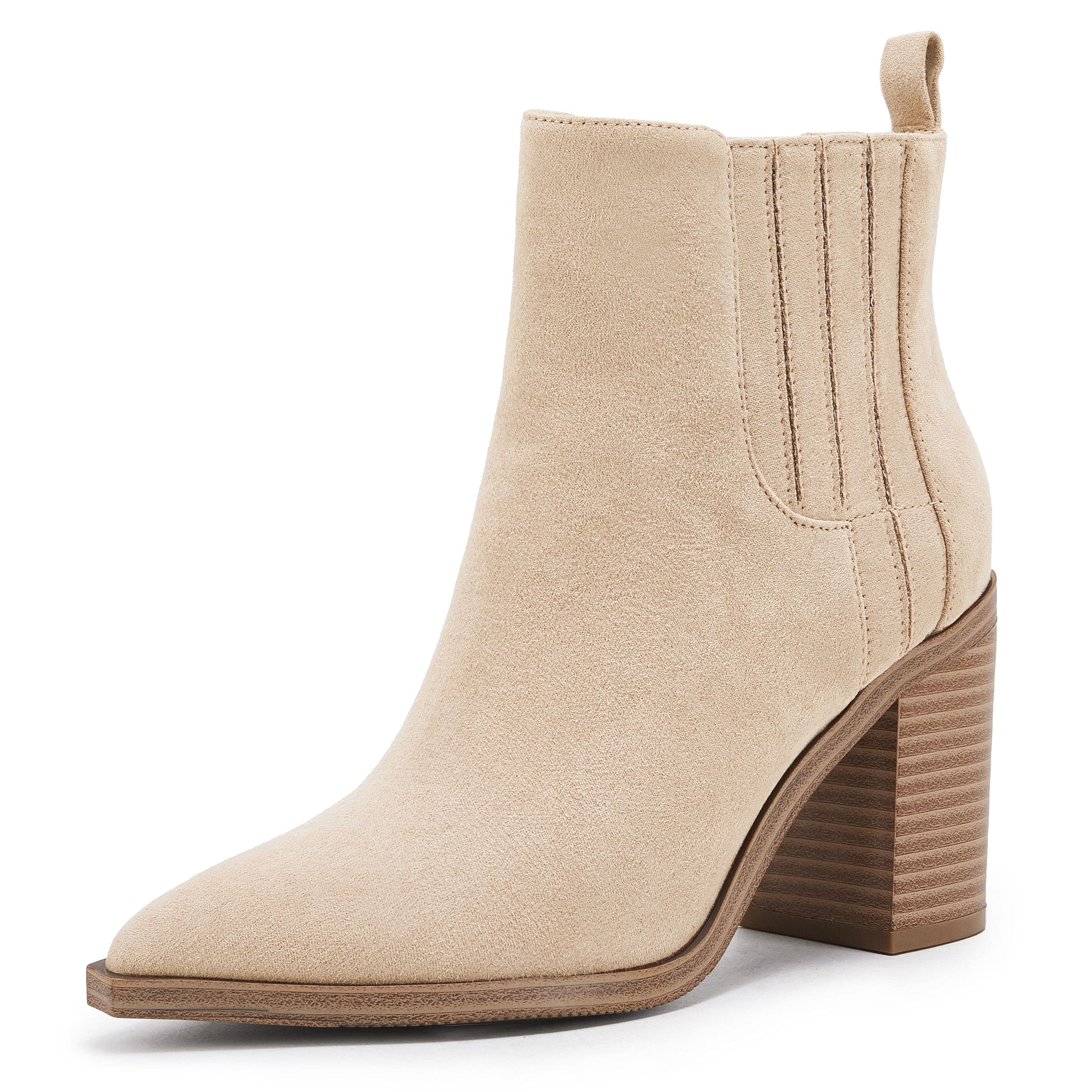 Womens Ankle Boots Slip on Pointed Toe Chunky Block Mid Heel Leather Elastic Panel Casual Chelsea Western Booties