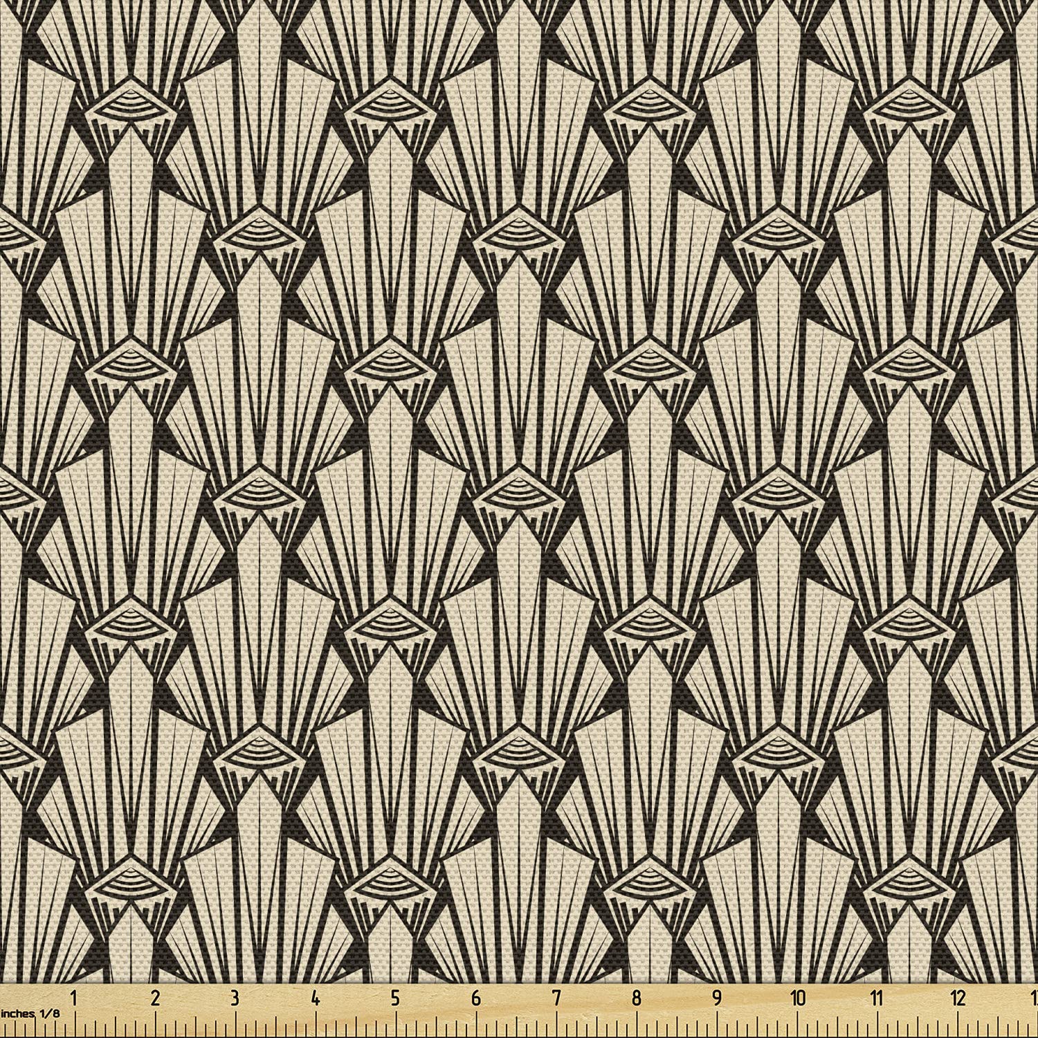 Ambesonne Abstract Fabric by The Yard, Vintage Symmetric Pattern of Pointy Sharp Art Deco Inspired Details, Decorative Fabric for Upholstery and Home Accents, 1 Yard, Cream Brown