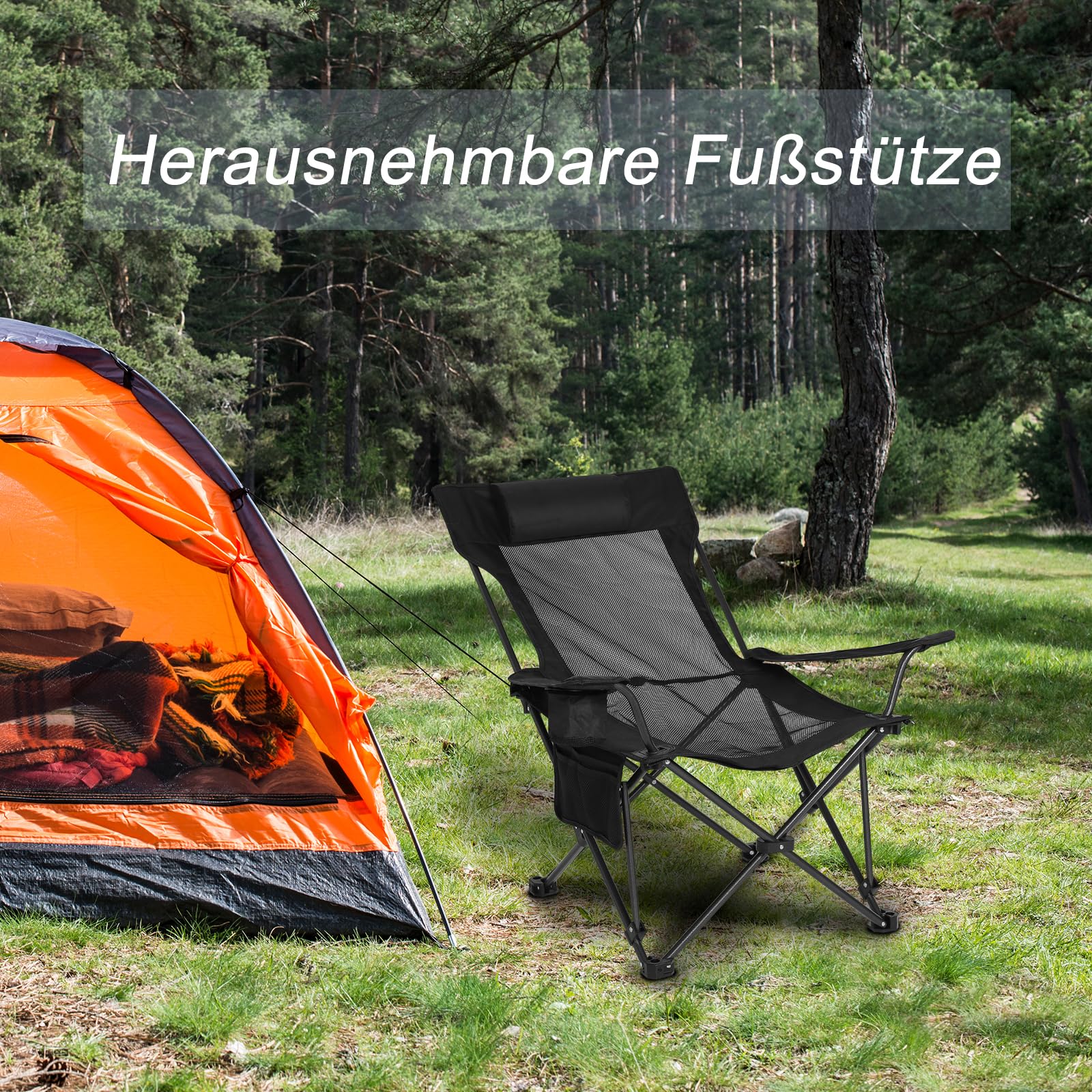 eSituro Campingstuhl klappbar, Angelstuhl faltbar, Klappstuhl mit Abnehmbarer Fußablage Getränkehalter Tragetasche, Strandstuhl mit Verstellbarer Rückenlehne, Campingliege Schwarz