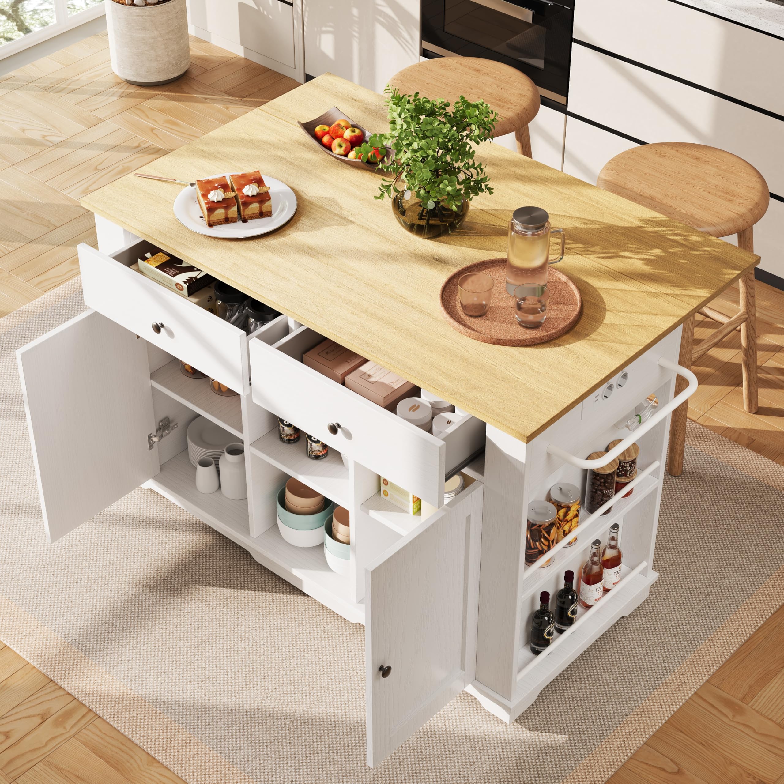 Merax Isla de cocina con encimera, carrito de cocina móvil equipado con regleta, armario buffet con 2 puertas, 2 cajones, estante para especias, toallero, 151,5 x 84,7 x 91,7 cm, color blanco