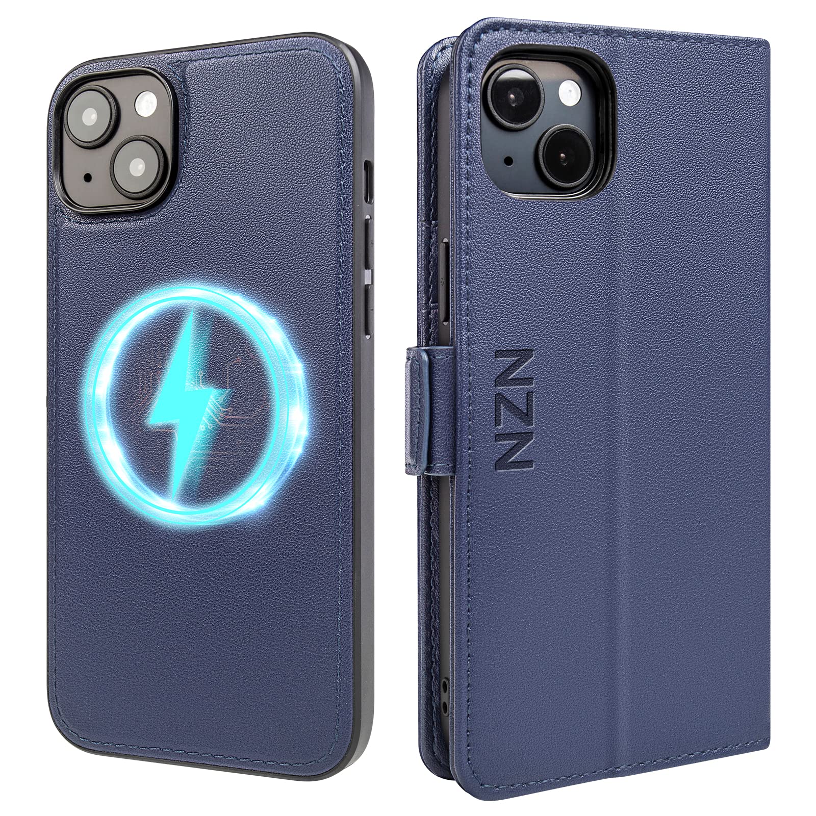NZN iPhone 14 Plus Wallet Case,Genuine Leather,Case with Card Holder, 2-in-1 Flip Cell Phone Case for Women and Men[RFID Blocking],TPU Inner Shell with MagSafe,Folio Cover (6.7 Inches)-Blue