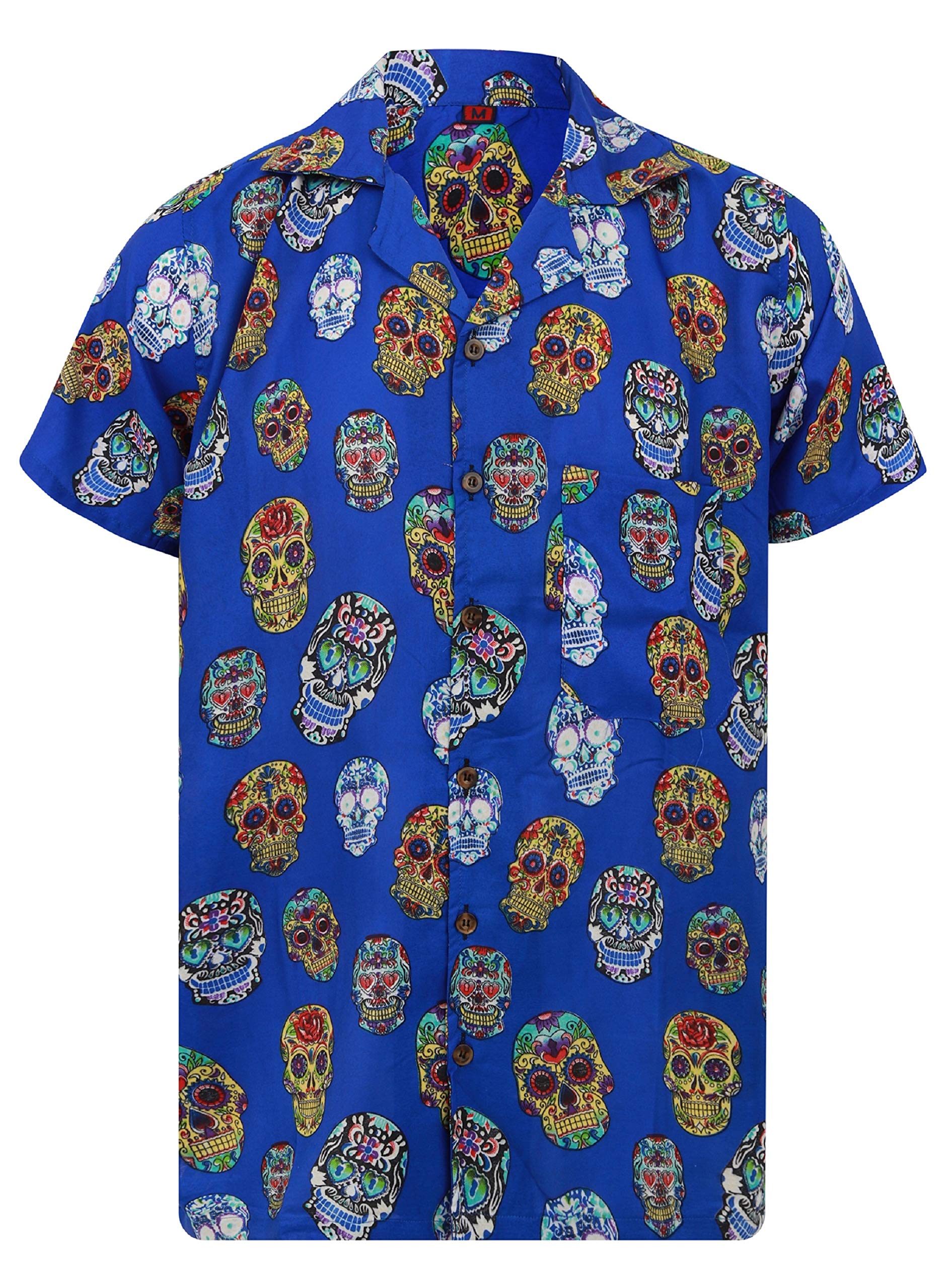 Oe Menswear Men's Blue Oe Wear Sugar Skull Hawaiian Shirt Day Of The Dead Casual Loud Halloween Shirt S-Xxl (Large, )