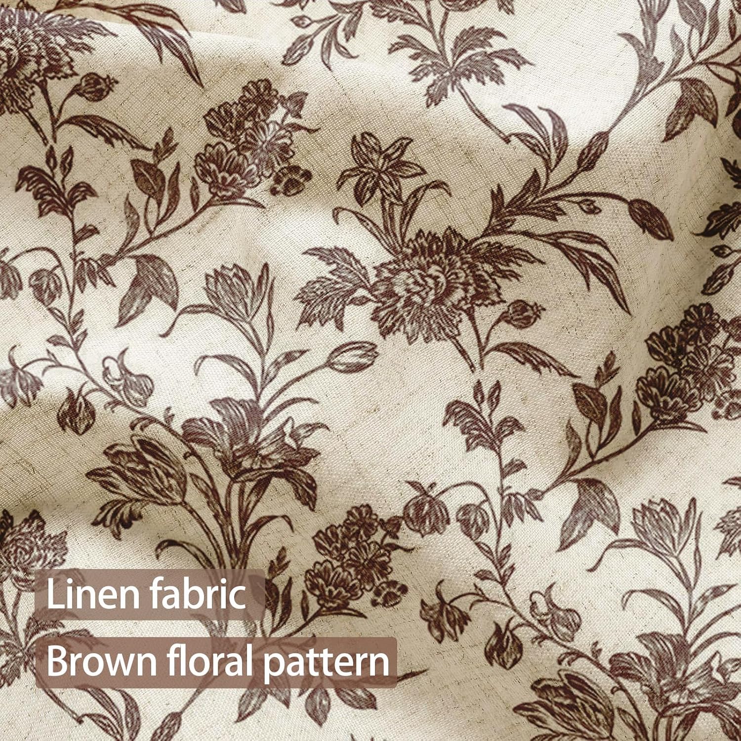 WOUVMA No Hook Shower Curtain with Snap in Liner Brown Floral Cotton Linen Cottagecore Shower Curtain for Bathroom 72" W x 75" L
