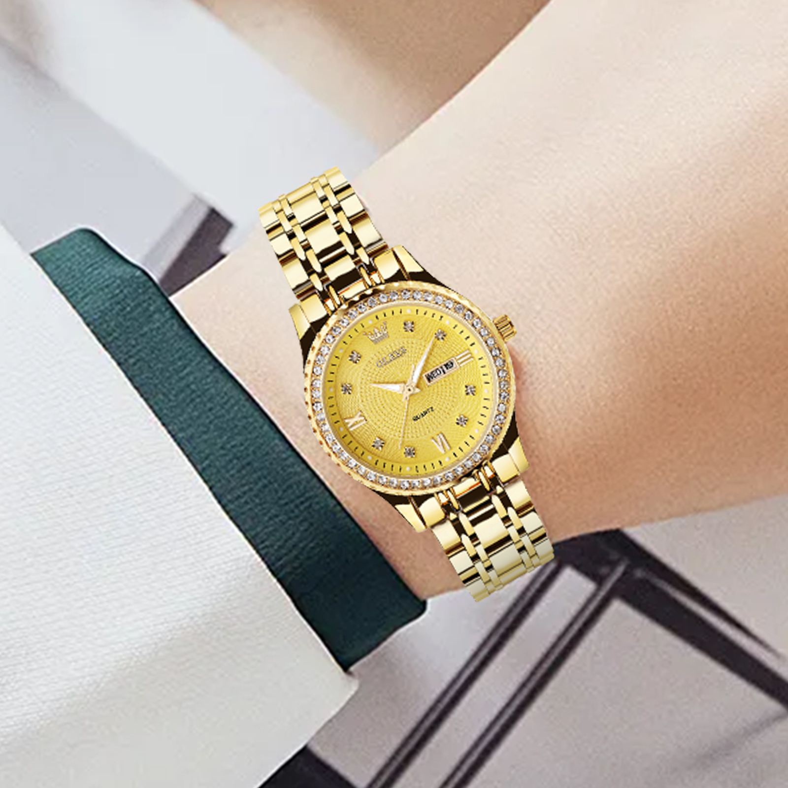 Women\'s All Gold Diamond Analog Stainless Steel Waterproof Elegant Luxury Watch Cover Diamond 25mm Two-Tone Steel Gold Dial Ladies quartz  main image 2