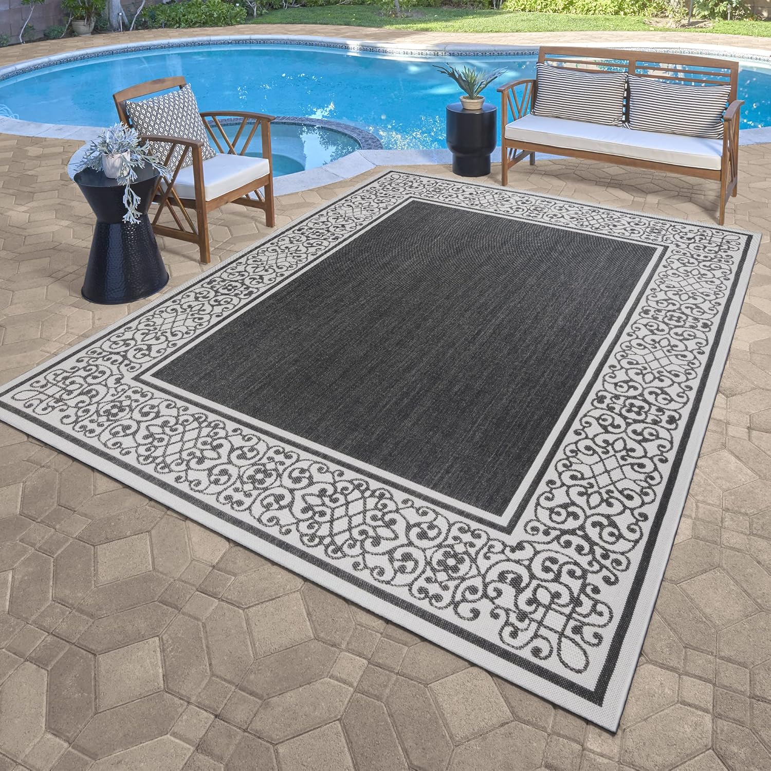 Gertmenian Indoor/Outdoor Flatweave Area Rug - 6x9 Medium, Stain & UV Resistant, Ideal For Deck, Patio, Poolside, Mudroom - Abstract Border, Black White, 22945