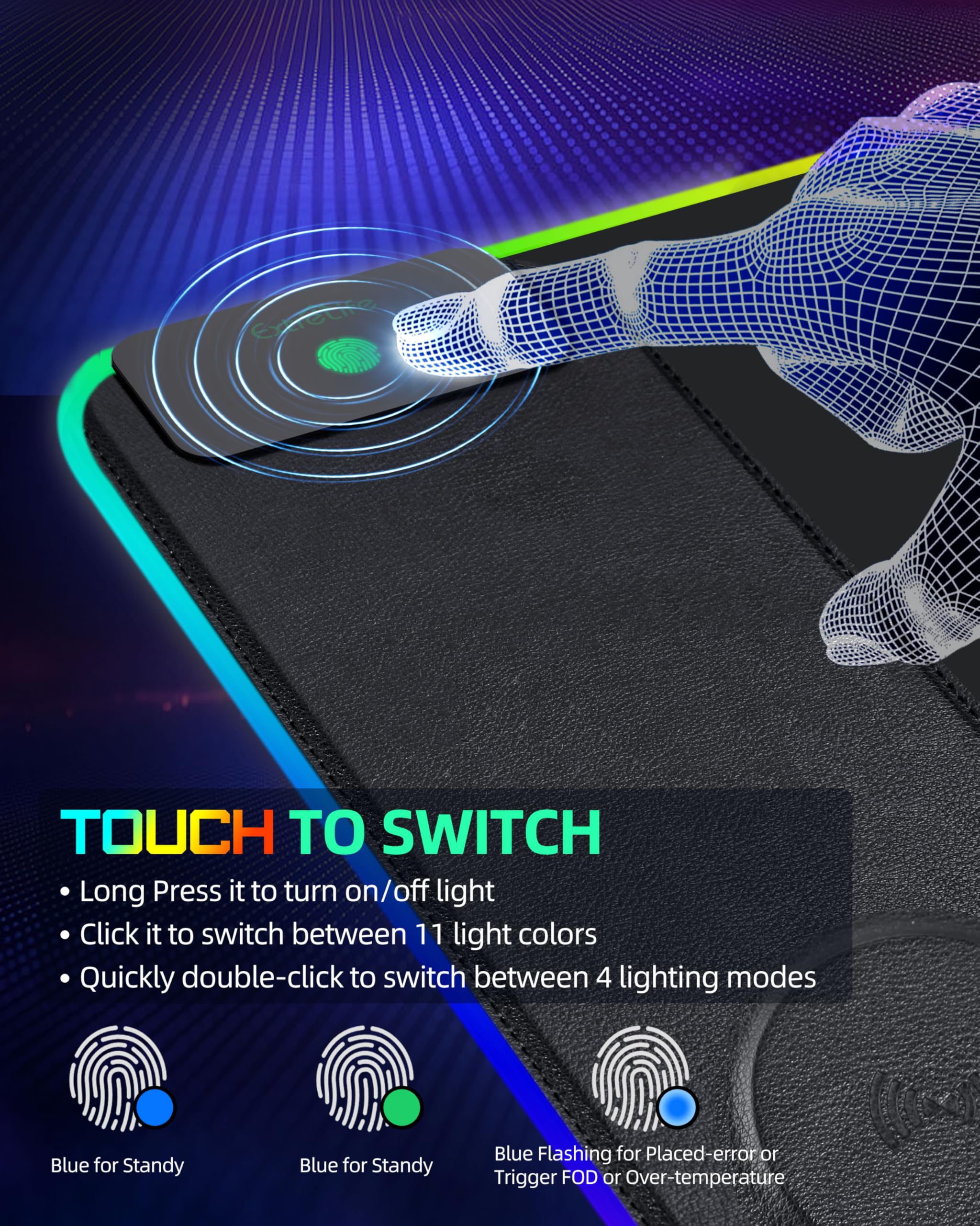 Tappetino per mouse con ricarica wireless, tappetino da scrivania da gioco RGB, grande tappetino da scrivania XXL, 15 modalità di illuminazione, superficie ultra liscia, tappetino per mouse
