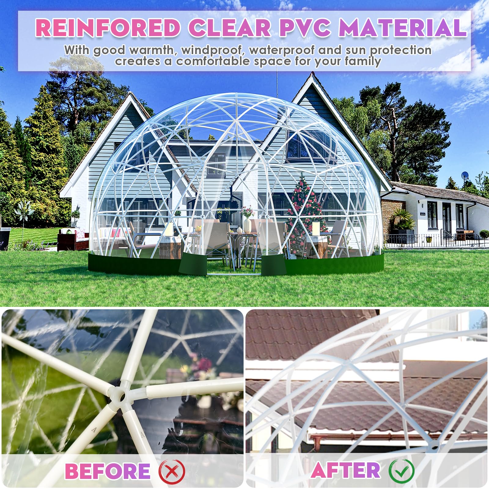 12FT Garden Dome lgloo, Geodesic Dome Greenhouse with PVC Clear Cover, Waterproof Garden Bubble Dome Tent House with 2 x 10M Light Strings for Outdoor, Patio, Backyard, Party (White, 9.7FT/2.9M)