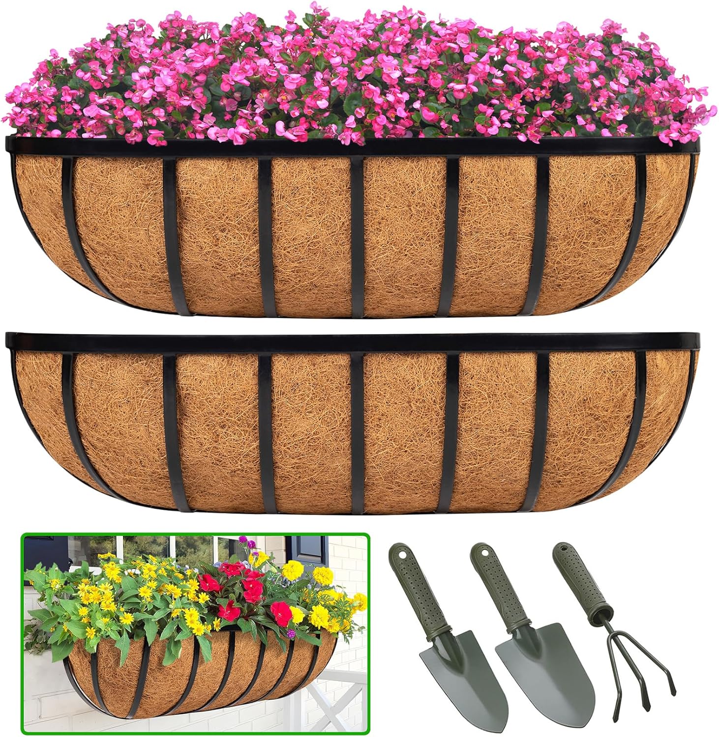 Railing Planter Window Box - 2 Pack 30 Inch Deck Balcony Rail Planter with Coconut Coir Liner, Fence Metal Hanging Flower Planter Basket Deck Railing Planter Boxes for Outdoor Garden