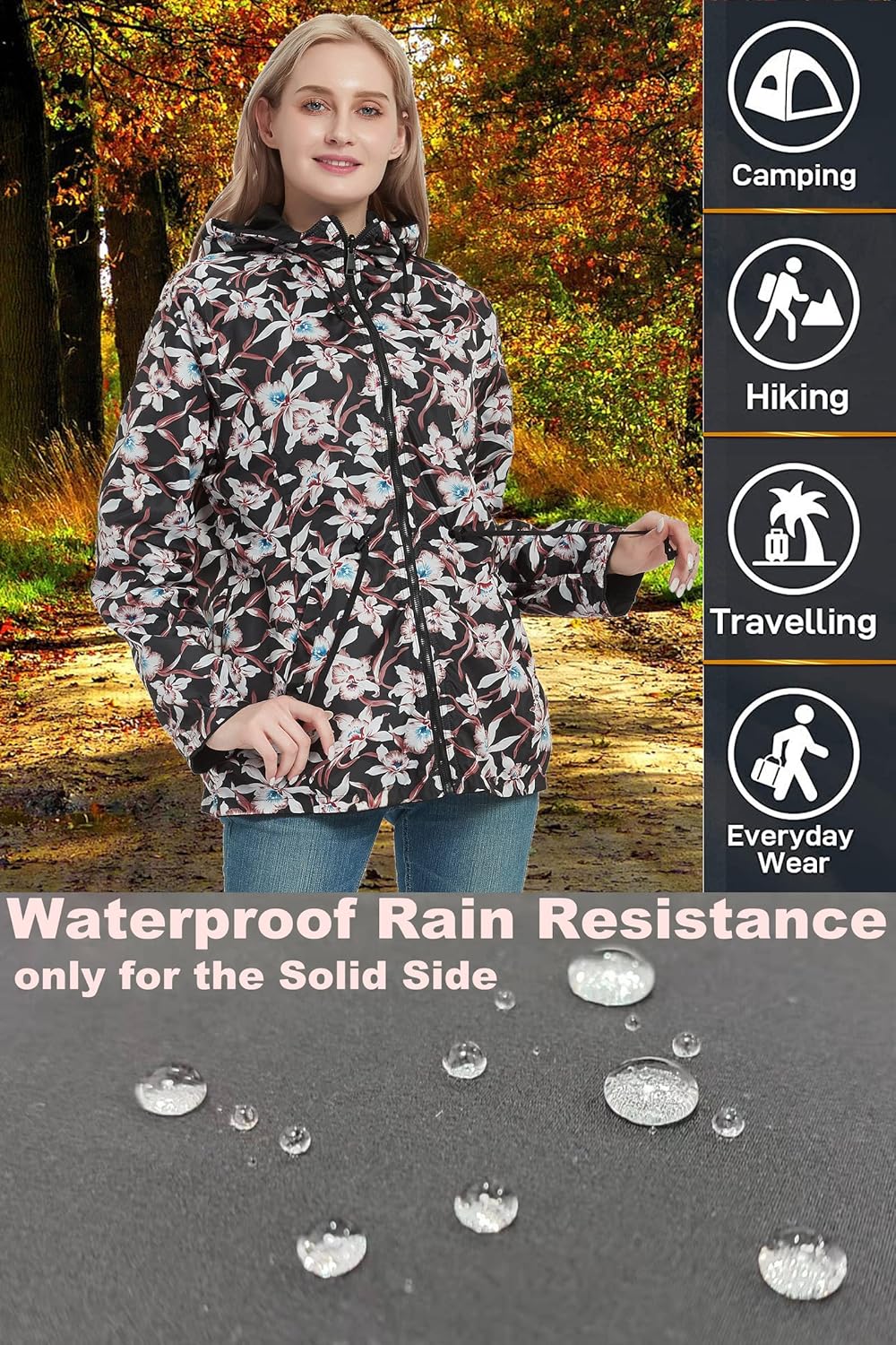 RISISSIDA Women Reversible Floral Print Jacket Hooded Spring Fall Fashion, Casual Lightweight Waterproof Thin Transition Coat - Image 4