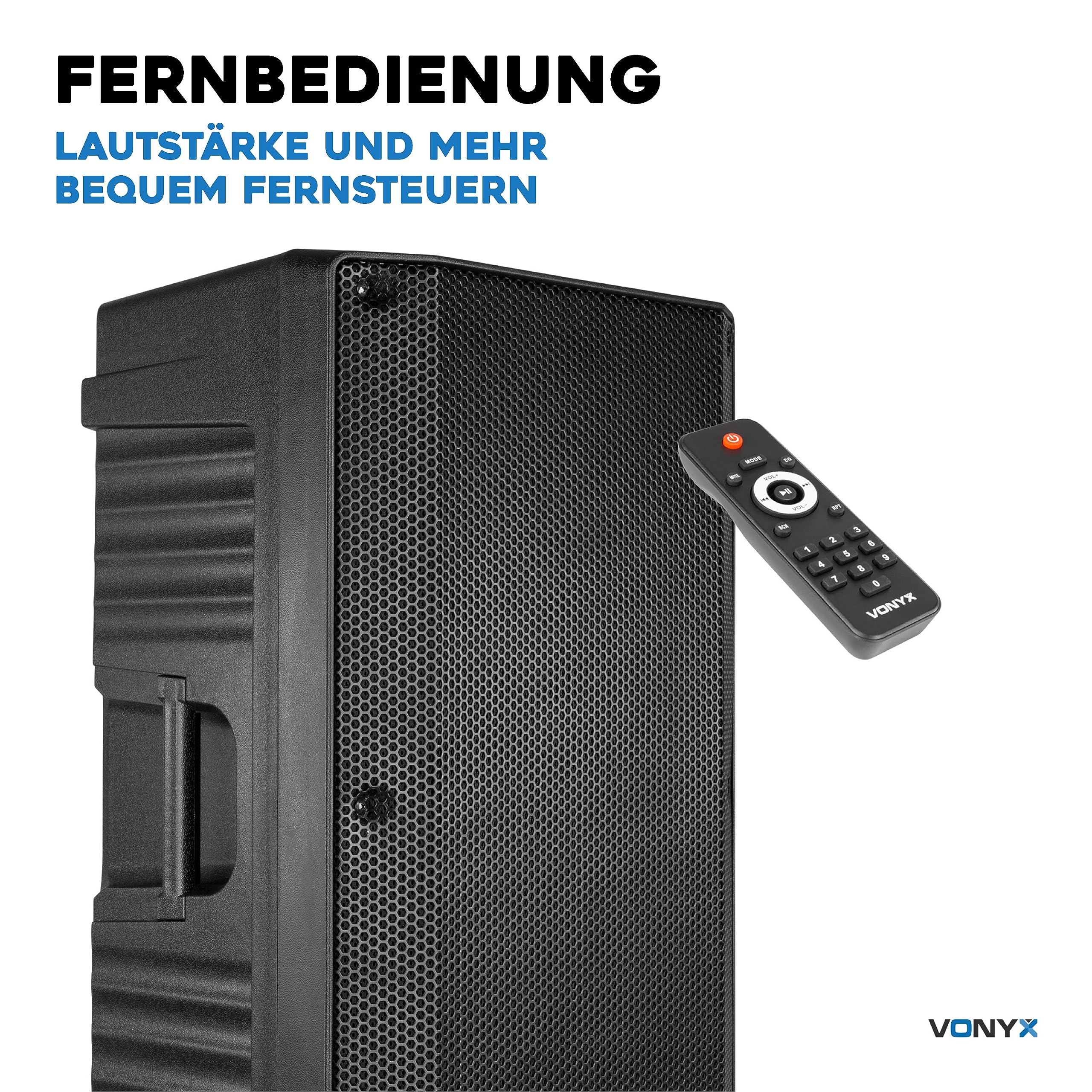Vonyx VSA15BT - Aktivlautsprecher, Bluetooth, 1000 Watt PA Anlage, PA Lautsprecher Aktiv mit 15 Zoll Subwoofer, Bi-Amp, Mikrofon-Input, Equalizer, Gitarreneingang MP3-Player, PA Boxen für Gitarristen
