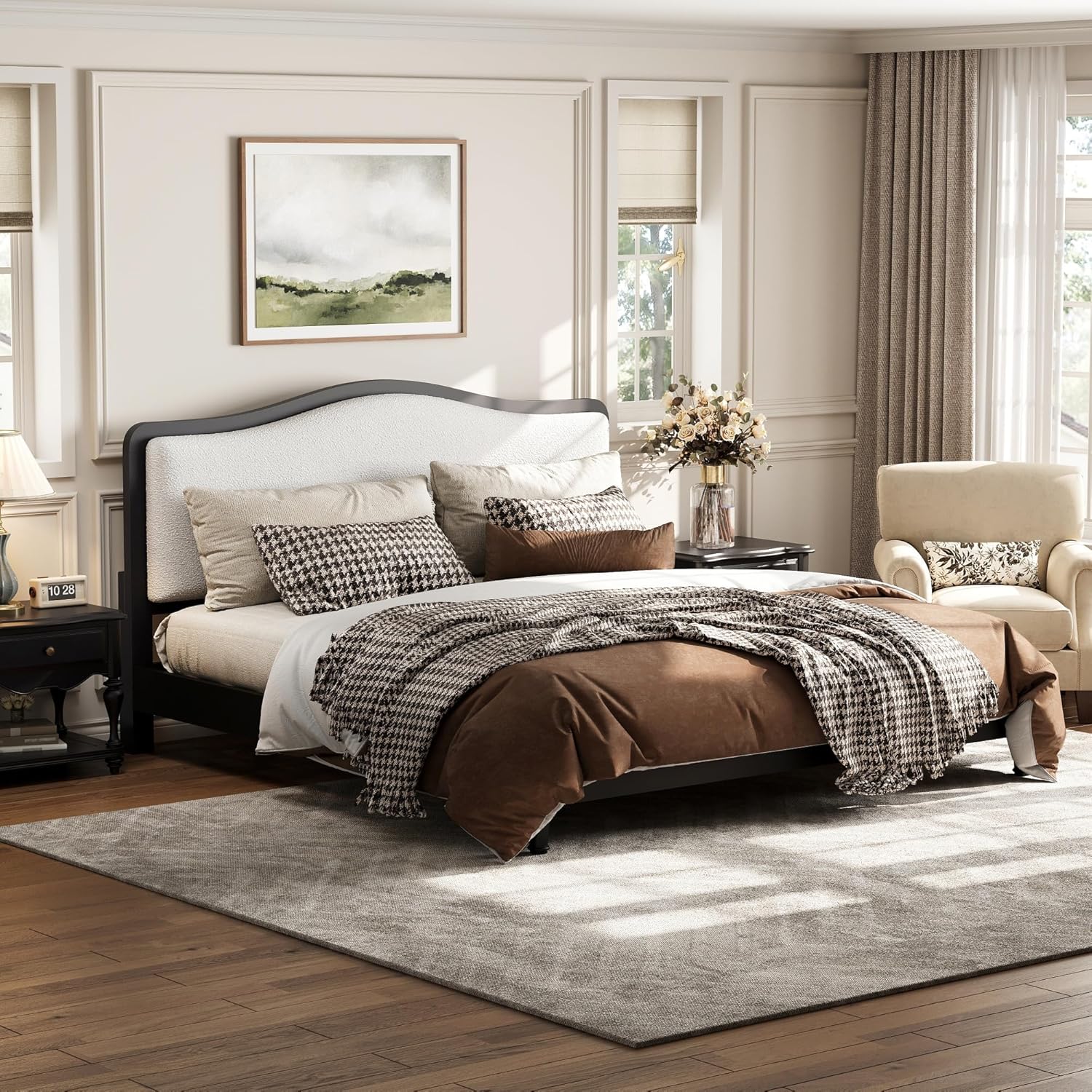 Harper & Bright Designs King Size Upholstered Bed Frame with Headboard, Solid Wood Platform Bed with Wooden Slat Support, No Box Spring Needed, Easy Assembly,Black