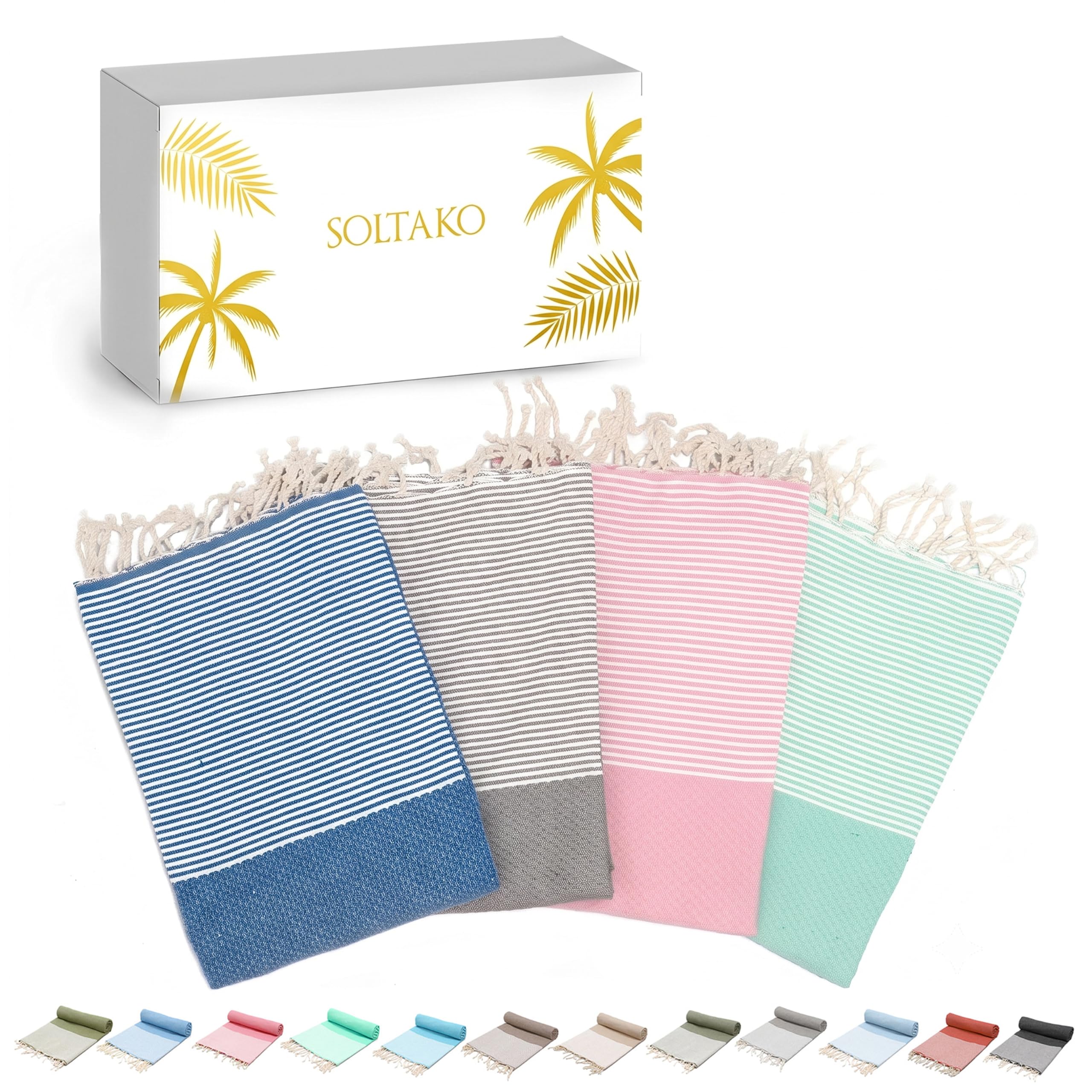 SOLTAKO Fouta Hamamtuch Santorini, 4er Set, Kirschblütenrosa/Mint/Aqua/Grau, 100x200cm, Strandtuch Saunatuch Reisehandtuch aus 100% Baumwolle, Geschenkset