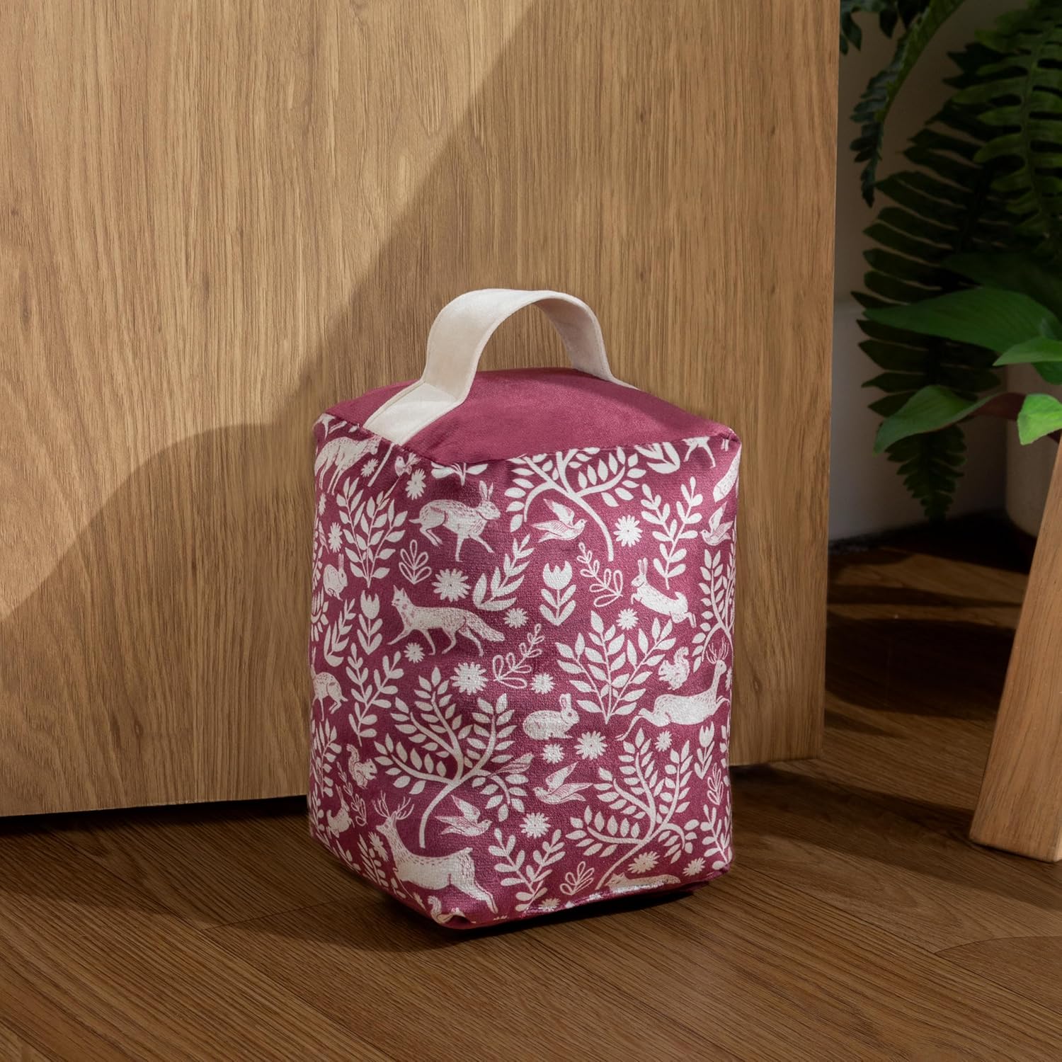Furn Skandi Woodland Animal Velvet Doorstop – Scandinavian Forest Animal Design Fabric Weight for Doors (Skandi – Berry Red)