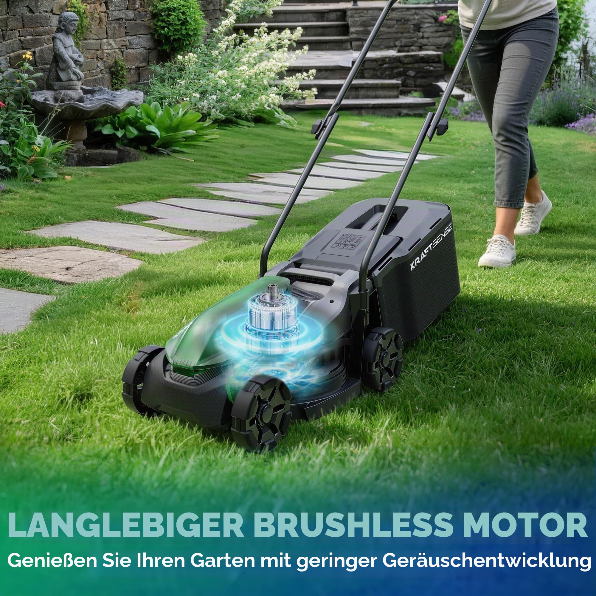 Akku-Rasenmäher für kleine Gärten, 33 cm Arbeitsbreite, bürstenloser Antrieb, 2-in-1 Mulchen & Fangen, mit 5,0 Ah Akkus für bis zu 300 m² pro Ladung, inkl. Typ-C-Ladekabel