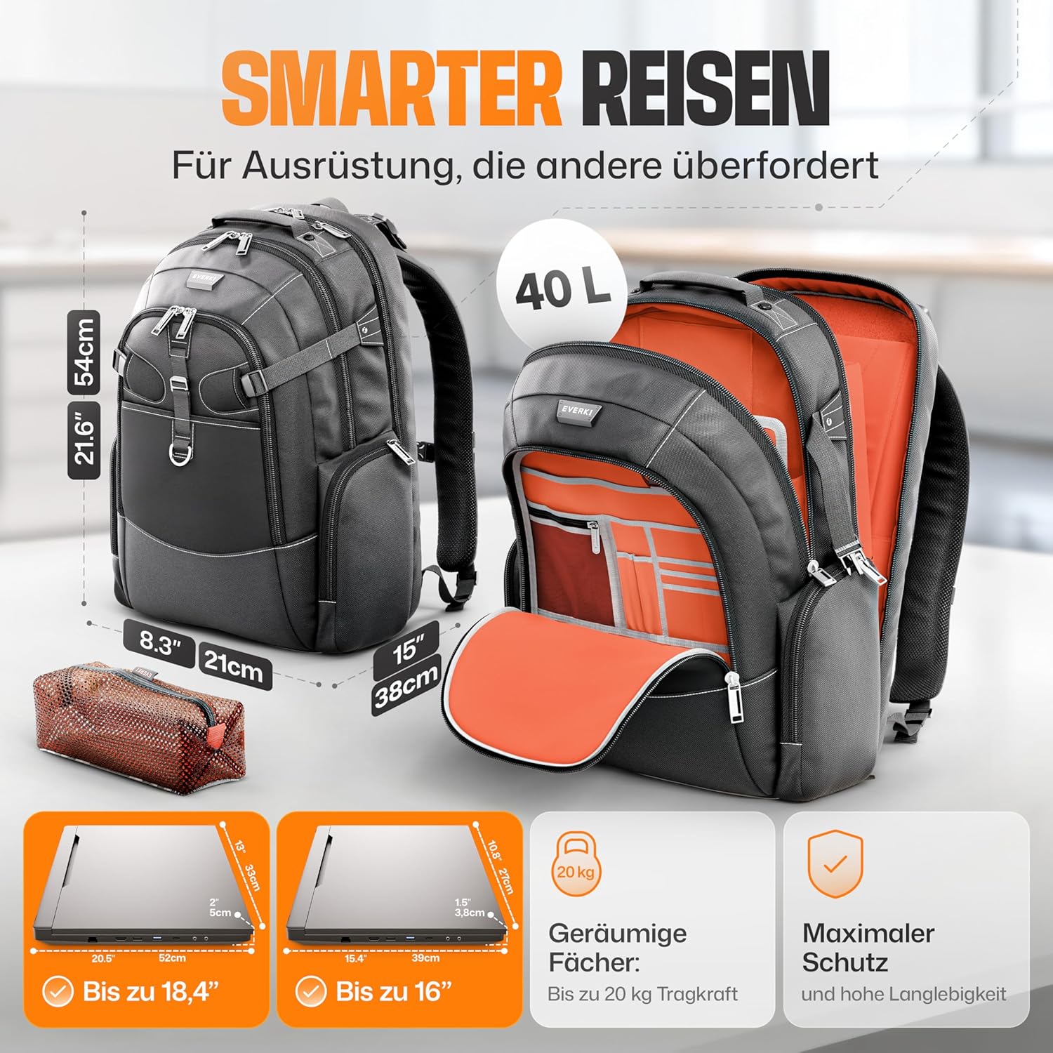 EVERKI Business 120 Pro 2 Laptop Backpack 40L W/Rain Cover Mesh Accessories Pouch & Quick Release Magnetic Keychain-2 Travel Laptop Compartments Fit Up To 18.4"RFID Pocket Patented Corner Protection