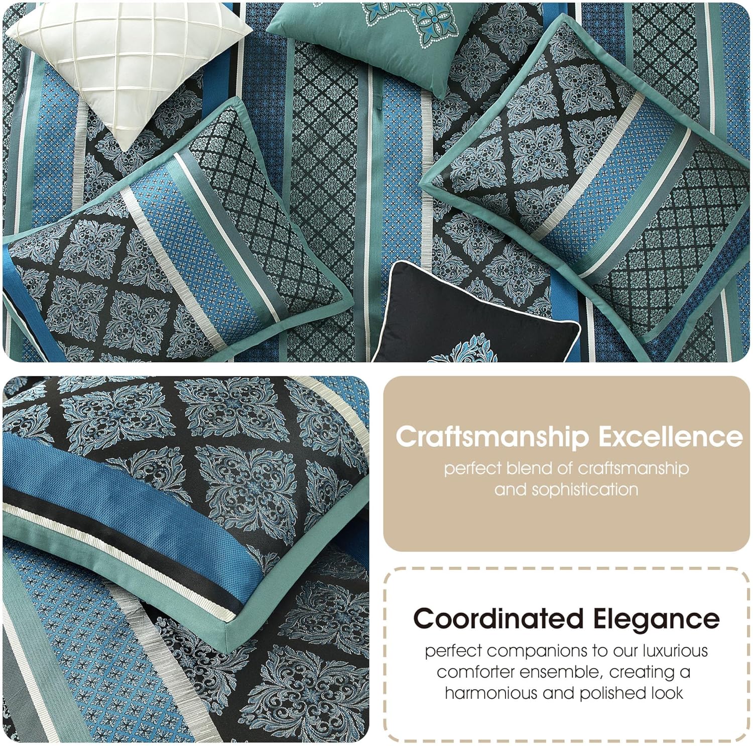 Grand Avenue Blue Geometric California King Comforter Set, 7 Piece, Jacquard All Season Premium Bedding Set, Matching Shams, Bedskirt, Decorative Pillows