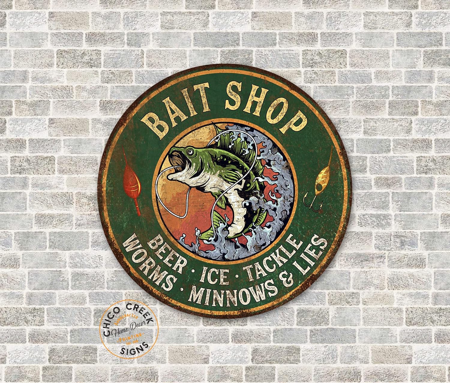 Chico Creek Signs Bait Shop Sign Mancave Fishing Sign Vintage Looking Decorative Sign Gifts 14" Round 100142001002