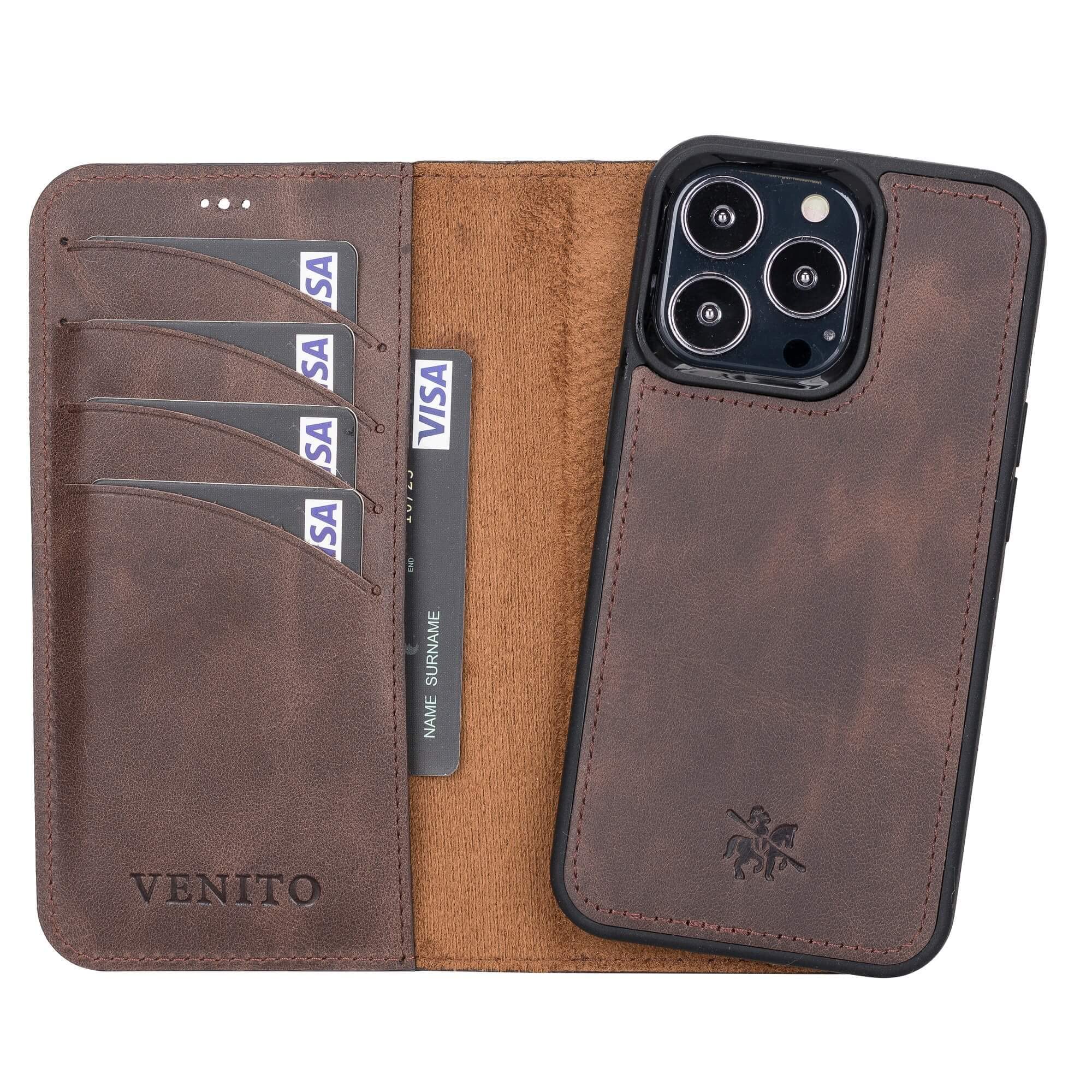 Venito Ravenna Étui portefeuille fin en cuir pour iPhone 13 Pro (6,1") avec rabat magnétique et trois emplacements pour cartes, poche pour billets et cadre léger Marron café