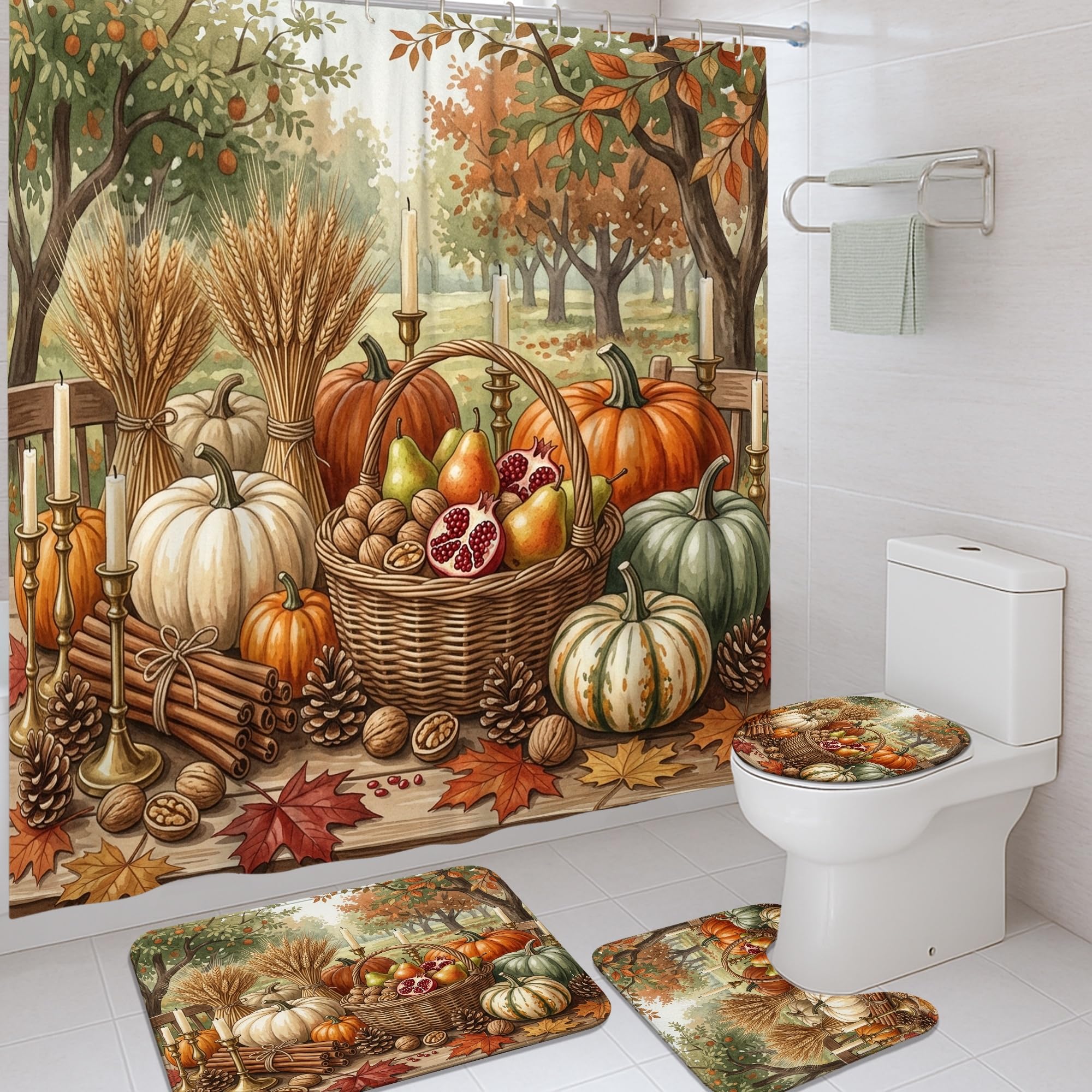 Rideau de douche orange automne avec tapis de bain et motif citrouilles