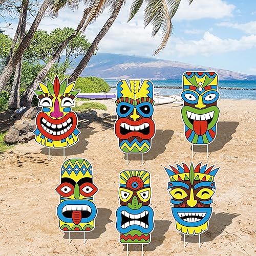 Letreros grandes de Luau Tiki para patio, 6 piezas con estacas para exteriores, césped, playa, arena, decoraciones de fiesta de verano con temática