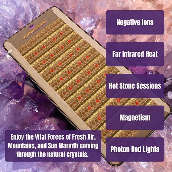 ThermoGem Infrared Amethyst Tourmaline Jade Mat - Full-Size 72L x 24W - Thick & Rigid - Natural Crystals - Adjustable 86-158F (30-70C) Heating - Negative ions - Bio Stimulation Photon Red Light