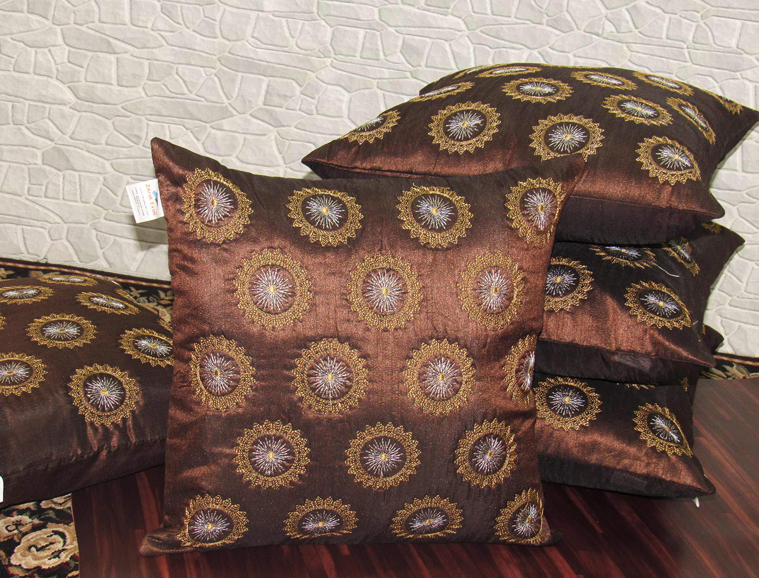 Zikrak Exim Set of 5 Small Round Embroidery Brown Poly Dupion Cushion Covers 16" X 16 "