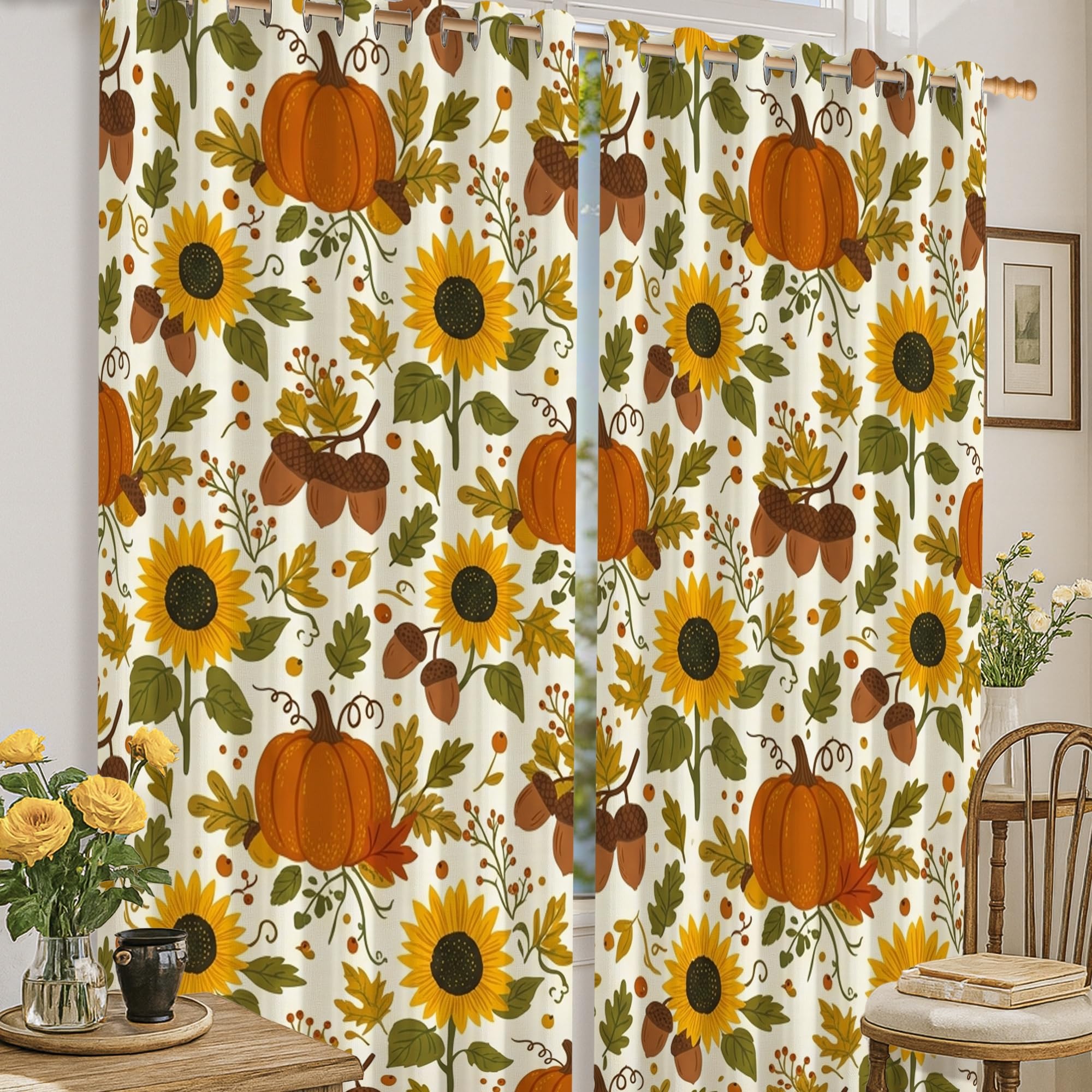 Rideaux occultants rustiques en tissu lourd imprimé tournesols et glands